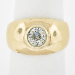 Unisex 18k Gold 1.02ct Bezel Diamond Solitaire Polished Domed Wide Band Ring