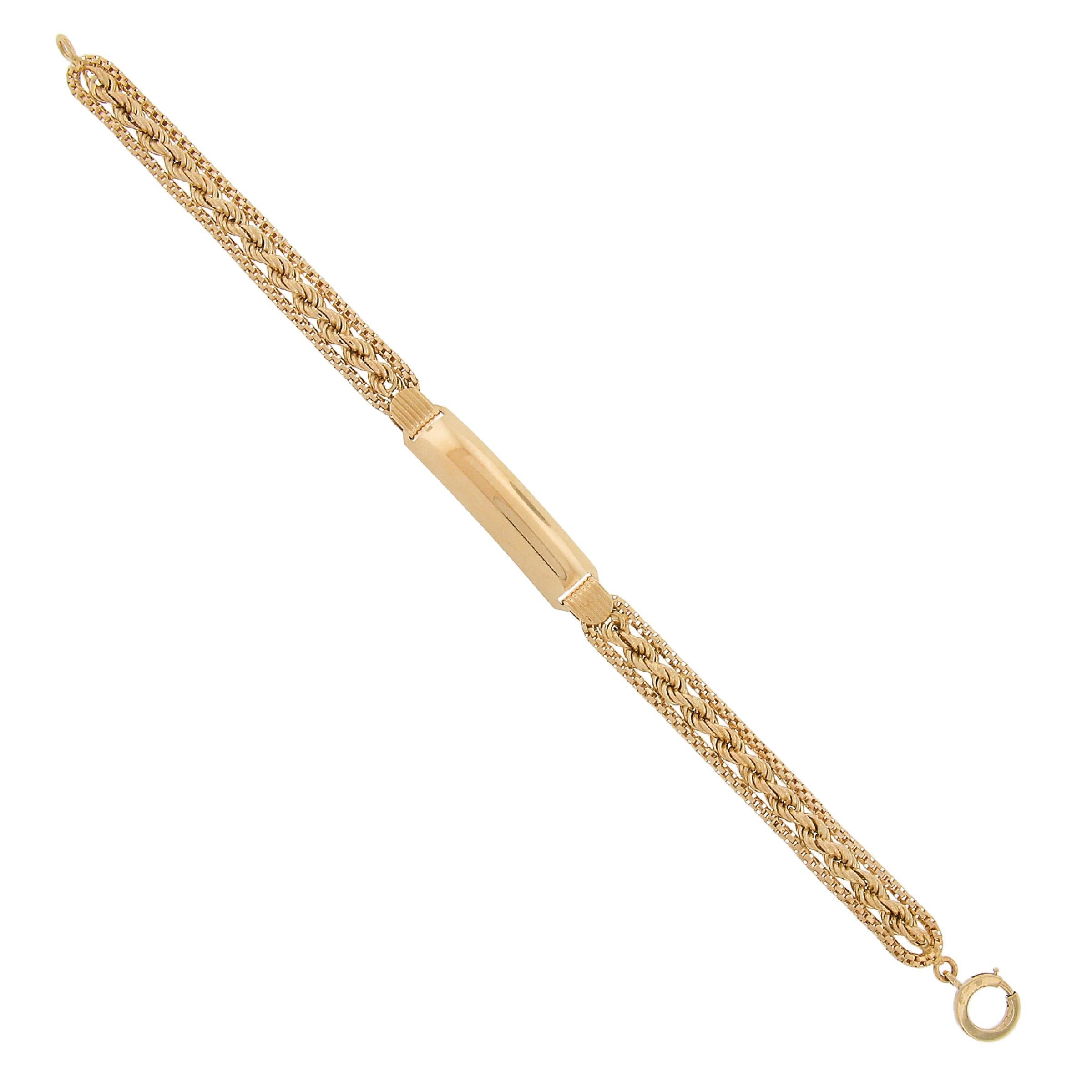 Bracelet unisexe en or 18k de 7,5 pouces avec centre gravé et chaîne à maillons en corde en vente 1