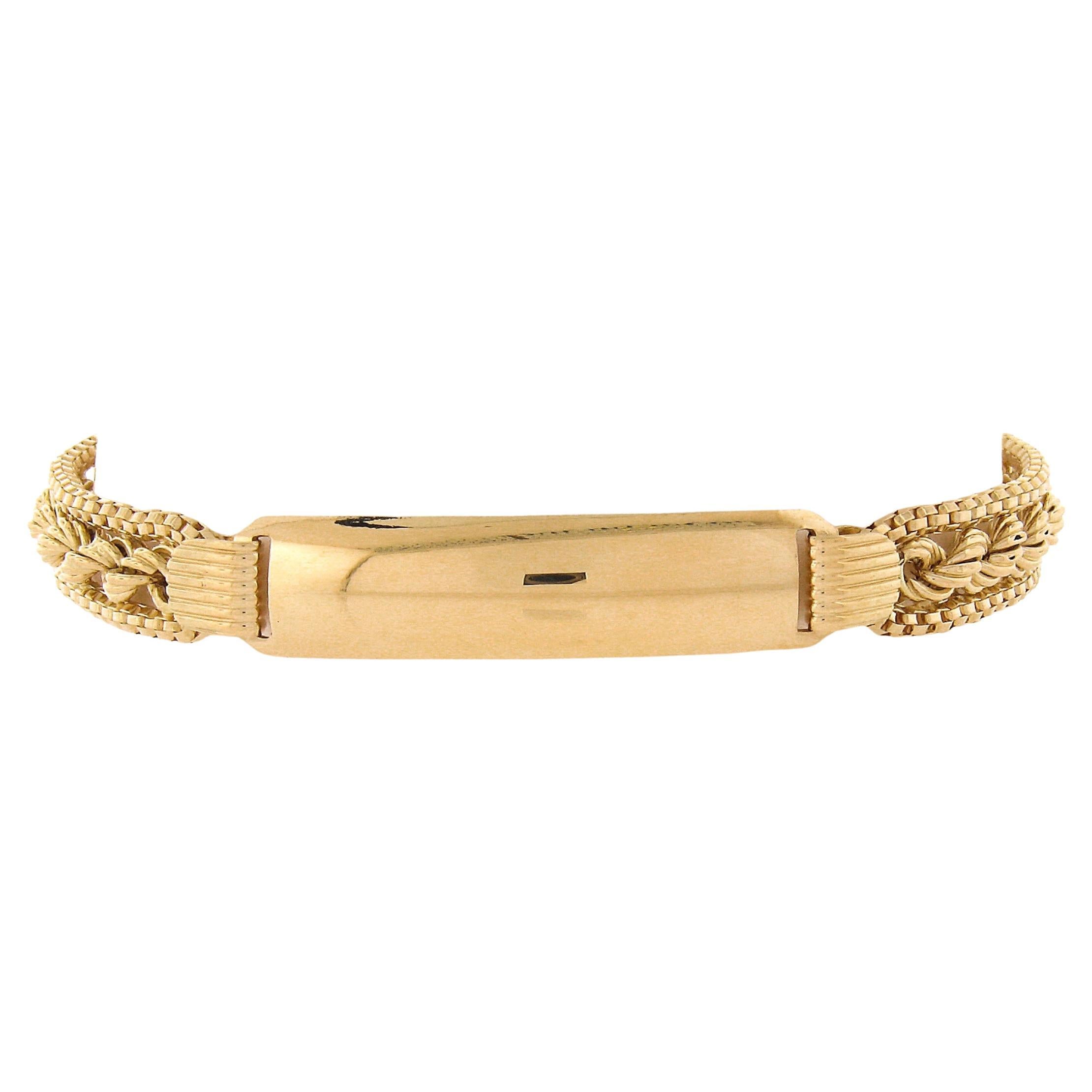 Unisex 18k Gold 7.5" Engravable ID Polished Center w/ Rope Link Chain Bracelet For Sale