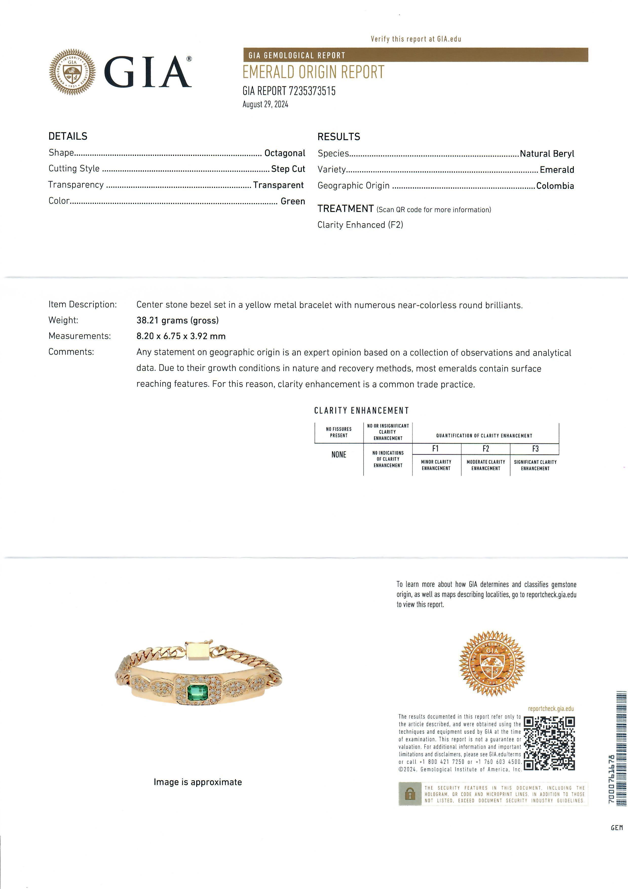 Bracelet à maillons cubains unisexe en or 18 carats, certifié GIA, 2,50 carats, émeraude colombienne et diamant ID en vente 5