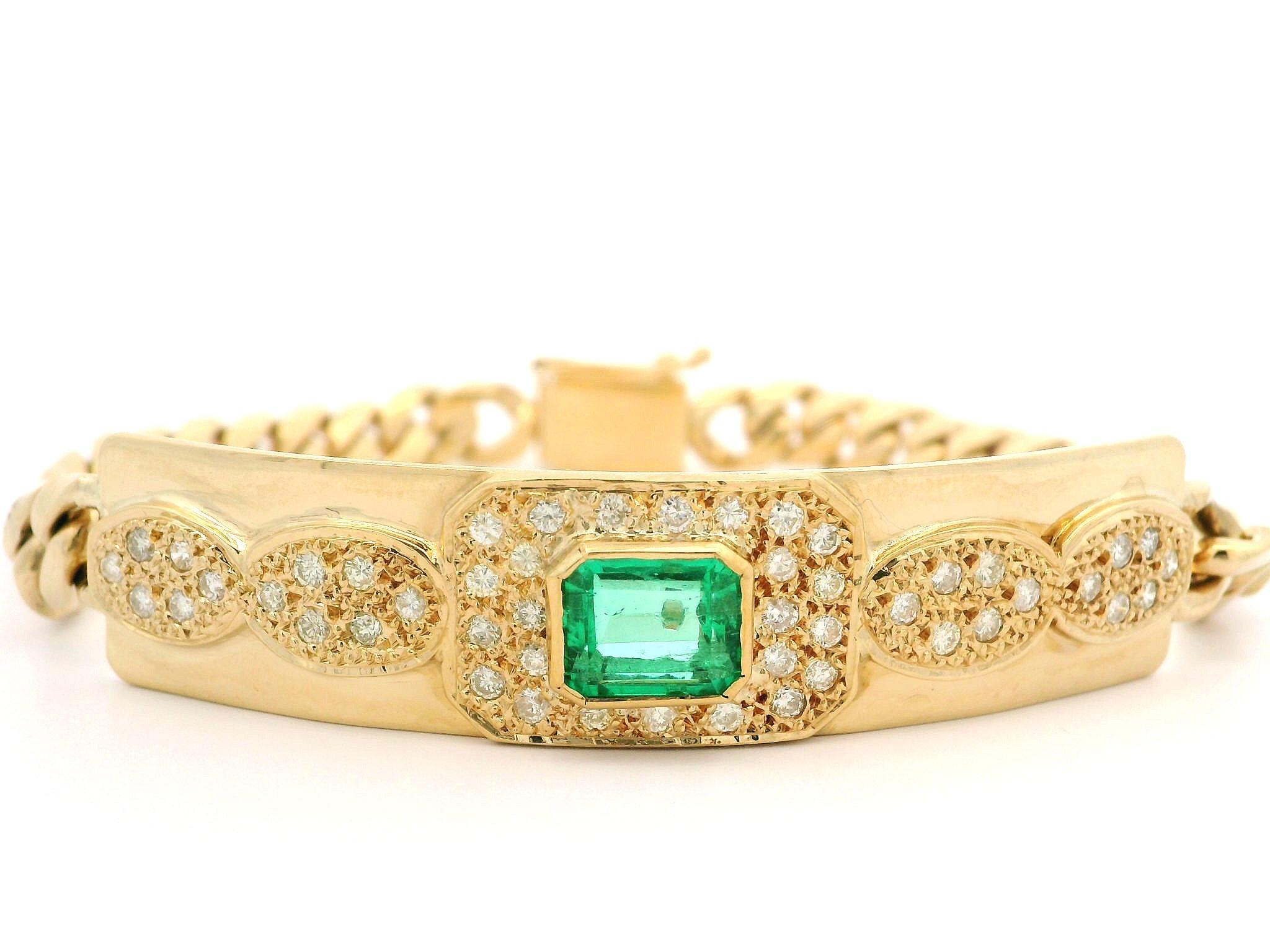 Bracelet à maillons cubains unisexe en or 18 carats, certifié GIA, 2,50 carats, émeraude colombienne et diamant ID Unisexe en vente