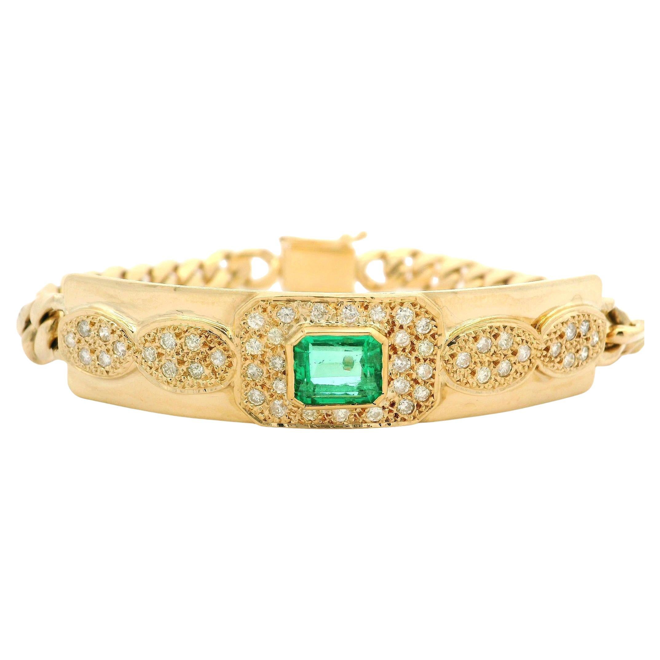 Unisex 18k Gold GIA 2.50ctw Colombian Emerald & Diamond ID Cuban Link Bracelet