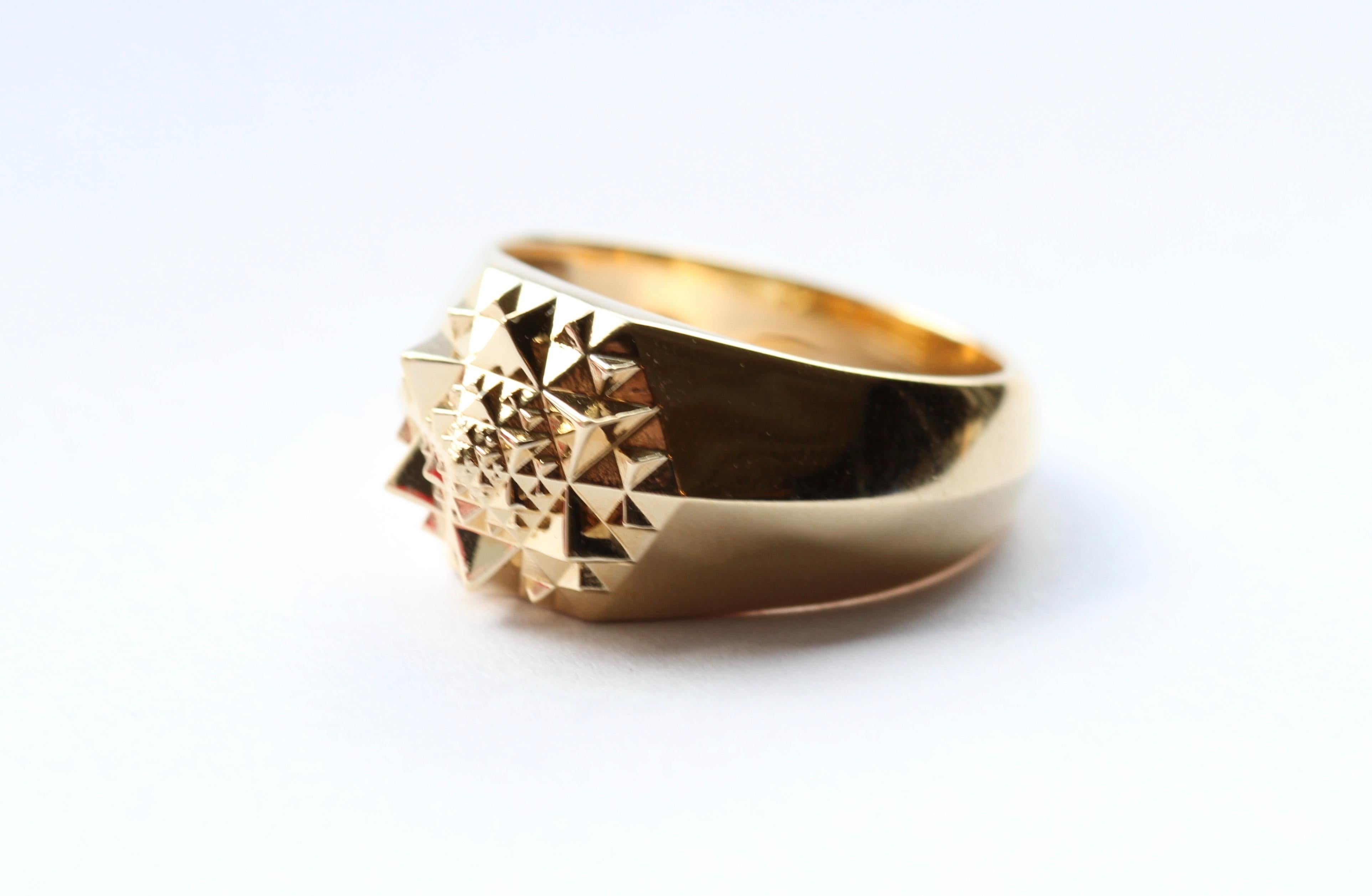 Si tratta di un anello in edizione limitata, uno su dieci, che incarna il potere della geometria sacra. Questo anello frattale unisex in oro giallo 18 carati è eterno e senza tempo. Il Tempio di Borobudur, in Indonesia, ha ispirato John Brevard a