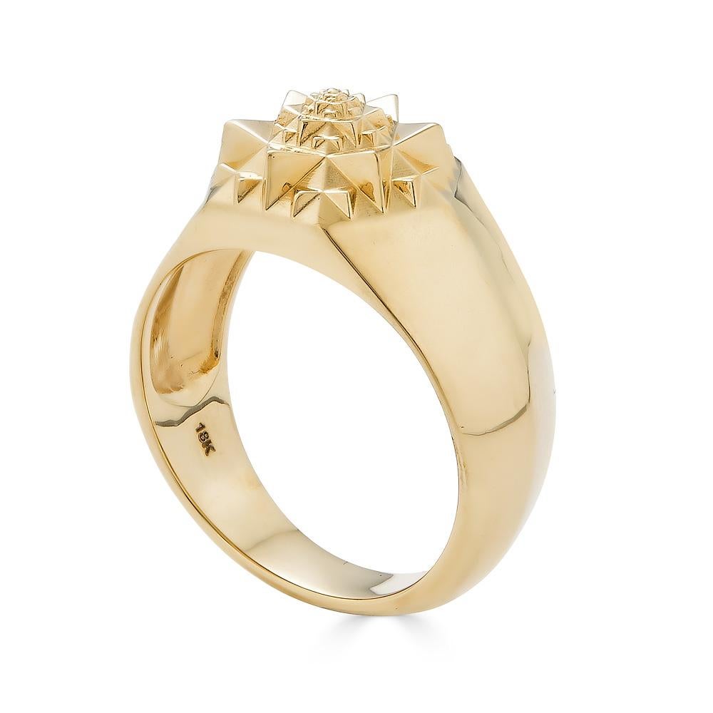 This is a one of ten, limited edition ring that embodies the power of sacred geometry. This unisex 18K yellow gold fractal ring is timeless and eternal. The Borobudur Temple in Indonesia inspired John Brevard to design this sacred geometric signet