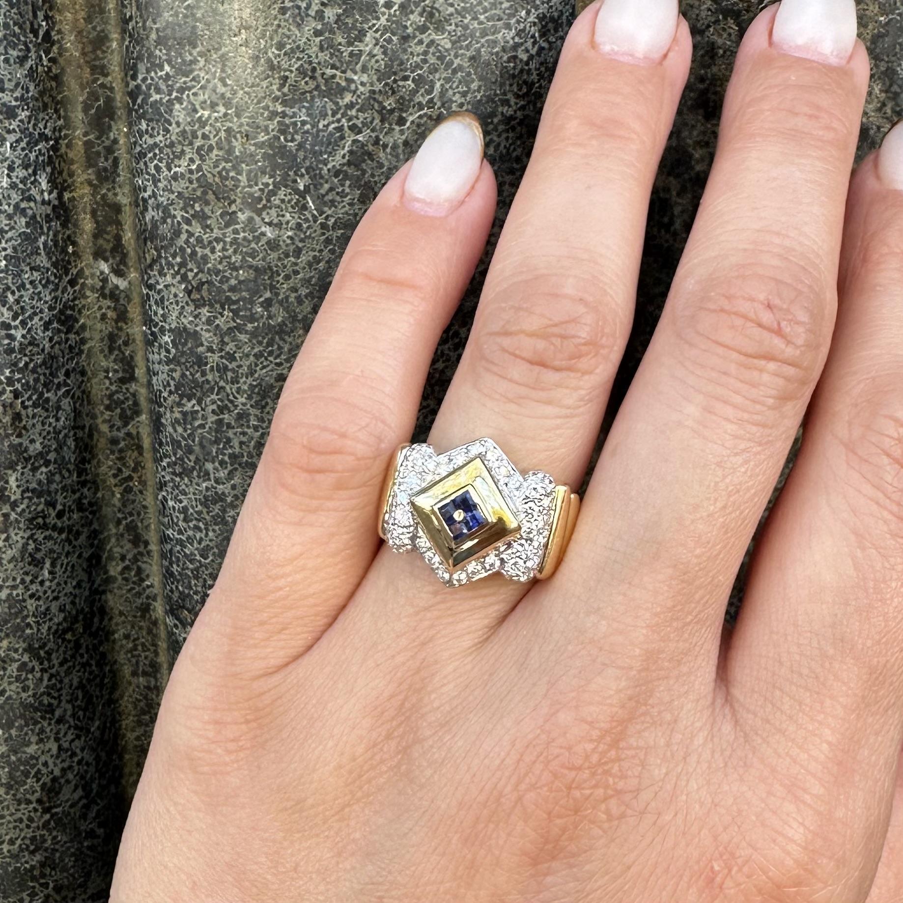 Bague unisexe en or 18k TT avec diamant et saphir à large bande géométrique en vente 6