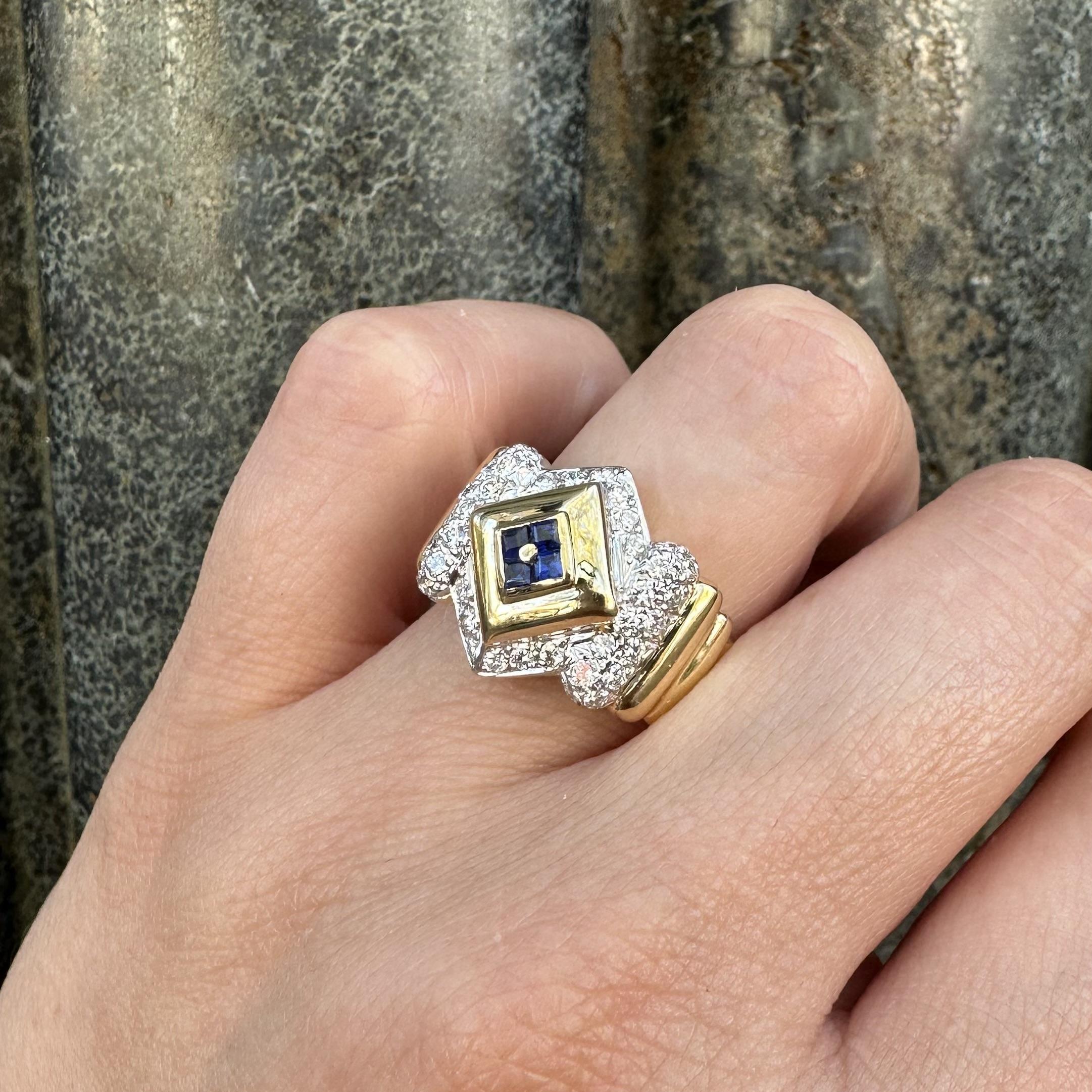 Bague unisexe en or 18k TT avec diamant et saphir à large bande géométrique en vente 7