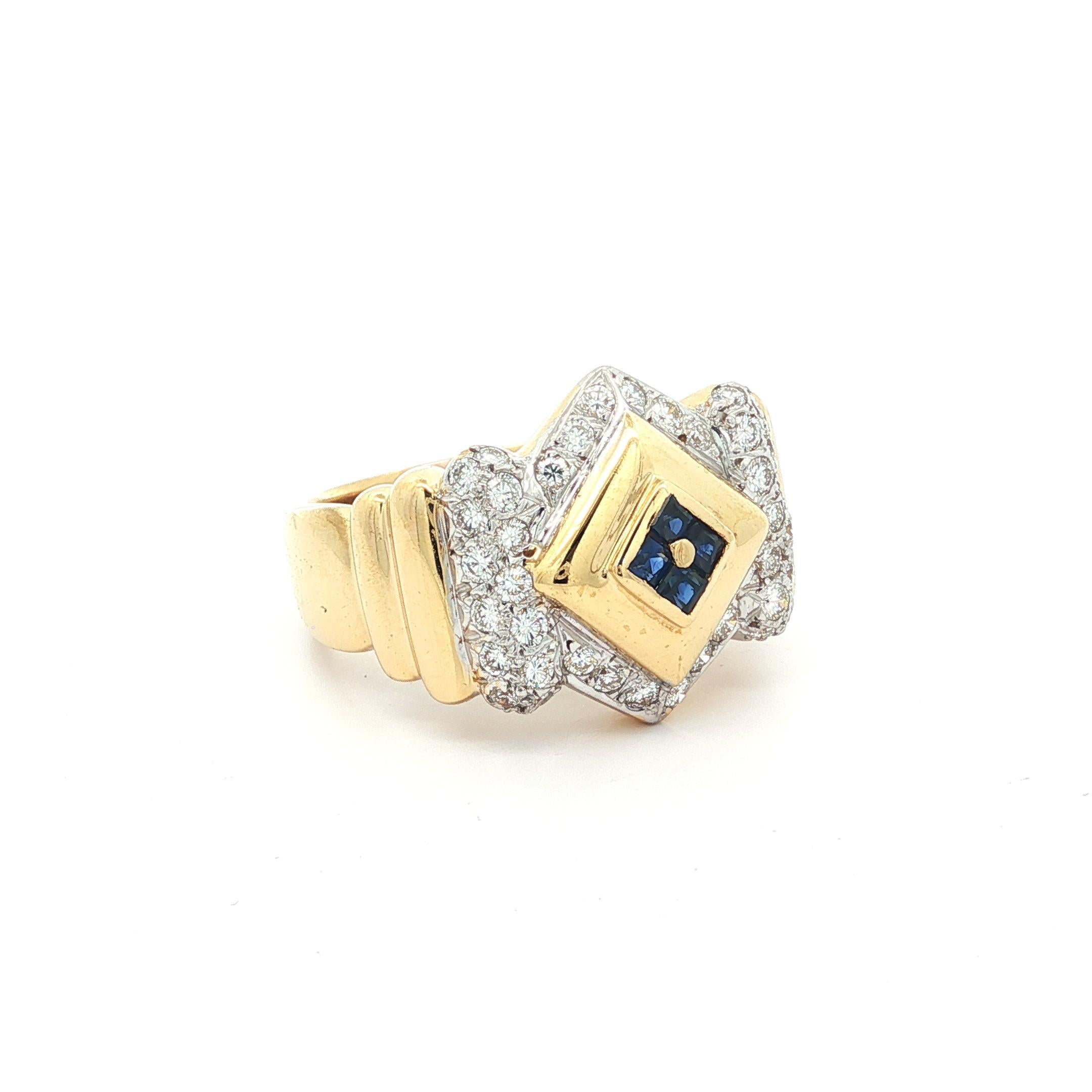 Taille carrée Bague unisexe en or 18k TT avec diamant et saphir à large bande géométrique en vente