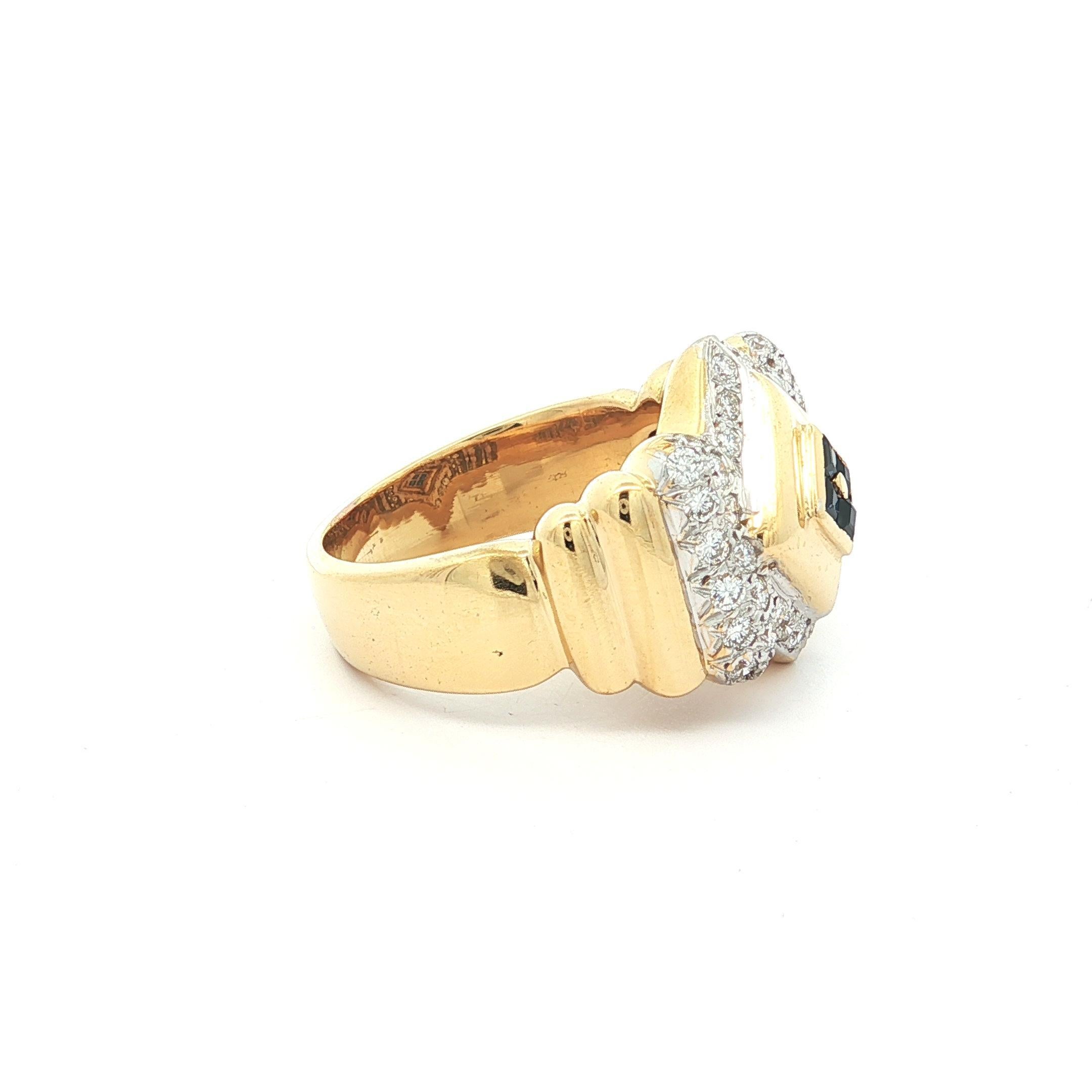 Bague unisexe en or 18k TT avec diamant et saphir à large bande géométrique en vente 2