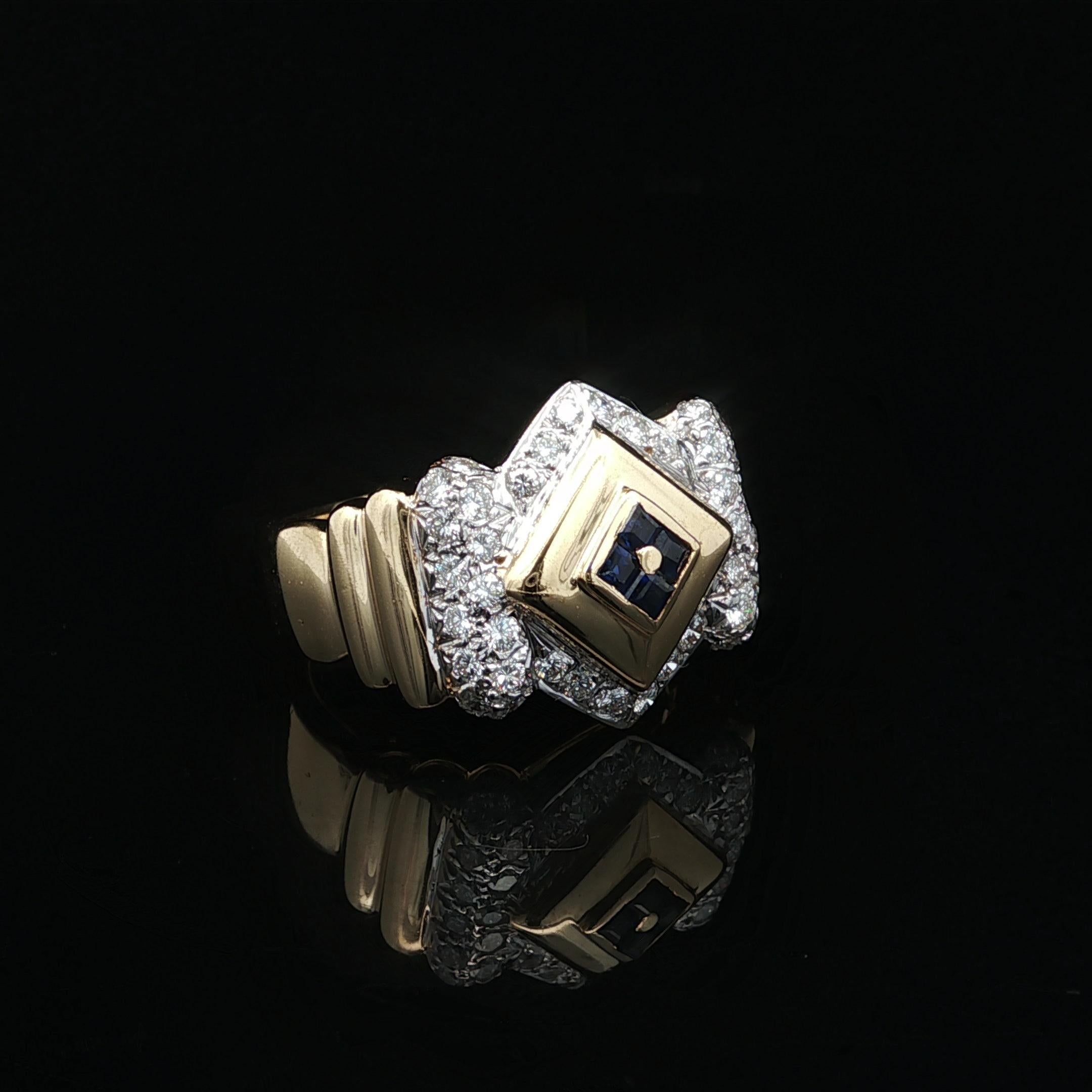Bague unisexe en or 18k TT avec diamant et saphir à large bande géométrique en vente 4