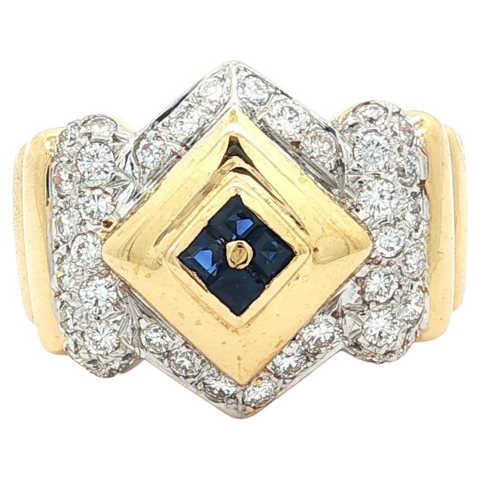 Bague unisexe en or 18k TT avec diamant et saphir à large bande géométrique en vente