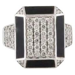 Bague cocktail Art déco unisexe en or blanc 18 carats avec diamants et émail
