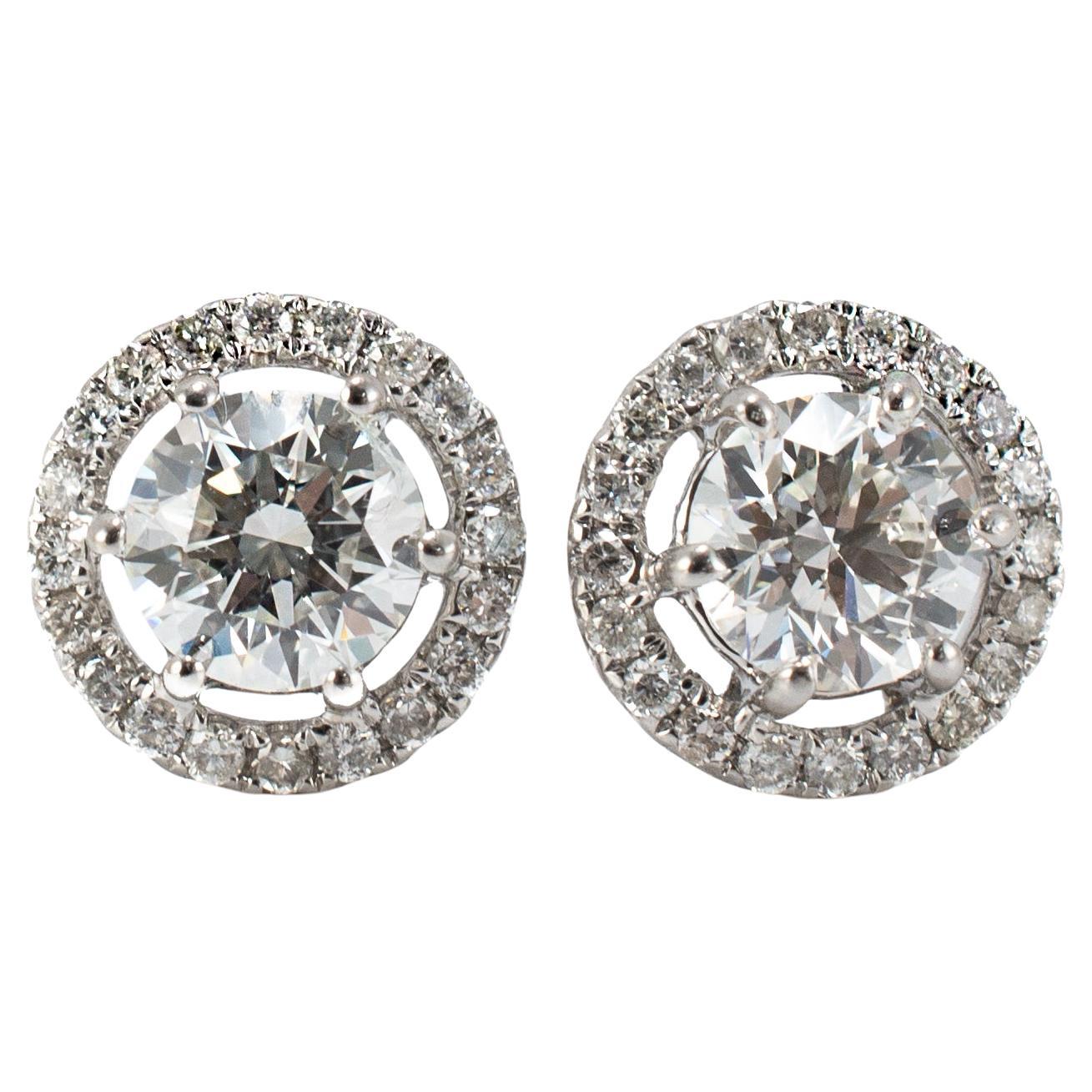 Unisex 18K White Gold Gia 1.21ctw Round Brilliant Cut Diamond Halo Stud Earrings