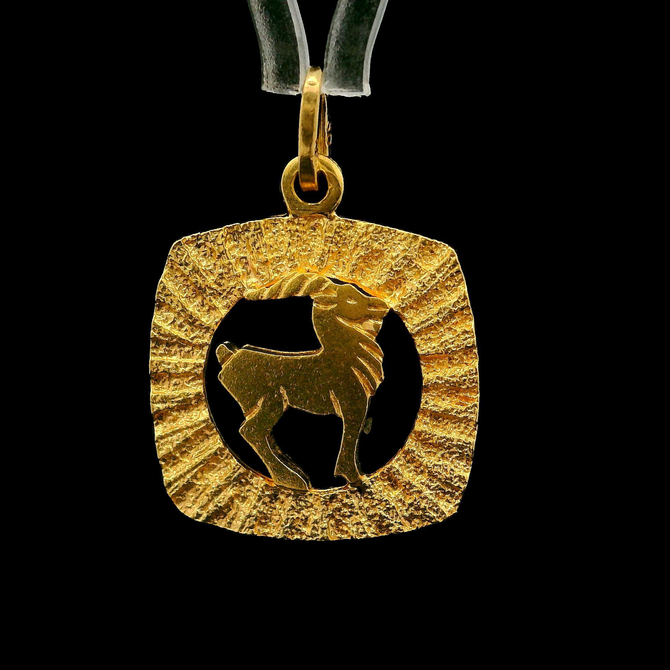 Unisex 18k Gelbgold Capricorn Zodiac strukturierte Rahmen Medaillon Charme Anhänger im Angebot 1