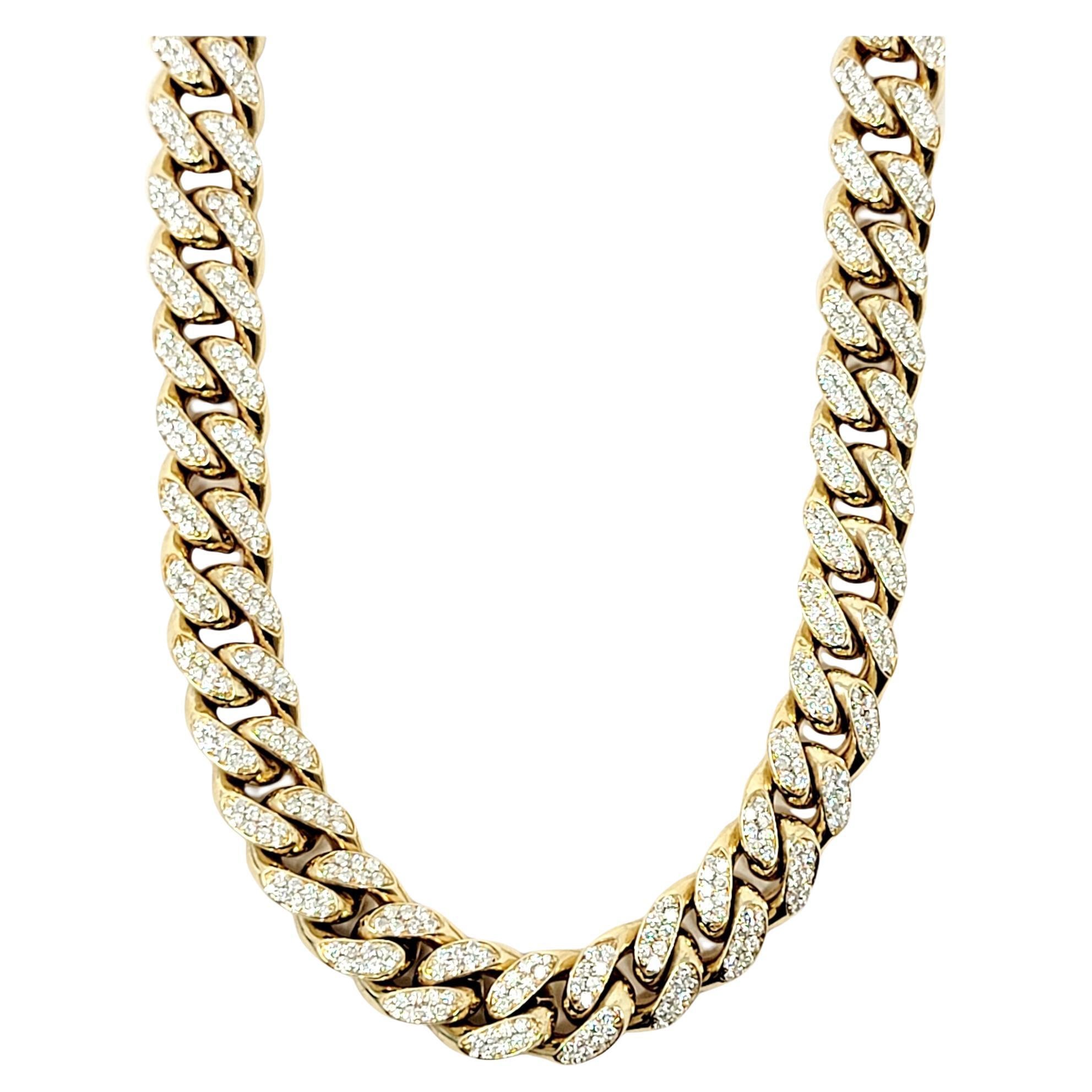 Bold Diamond and Heavy Yellow Gold Polished Cuban Link Necklace 12.80 Carats For Sale