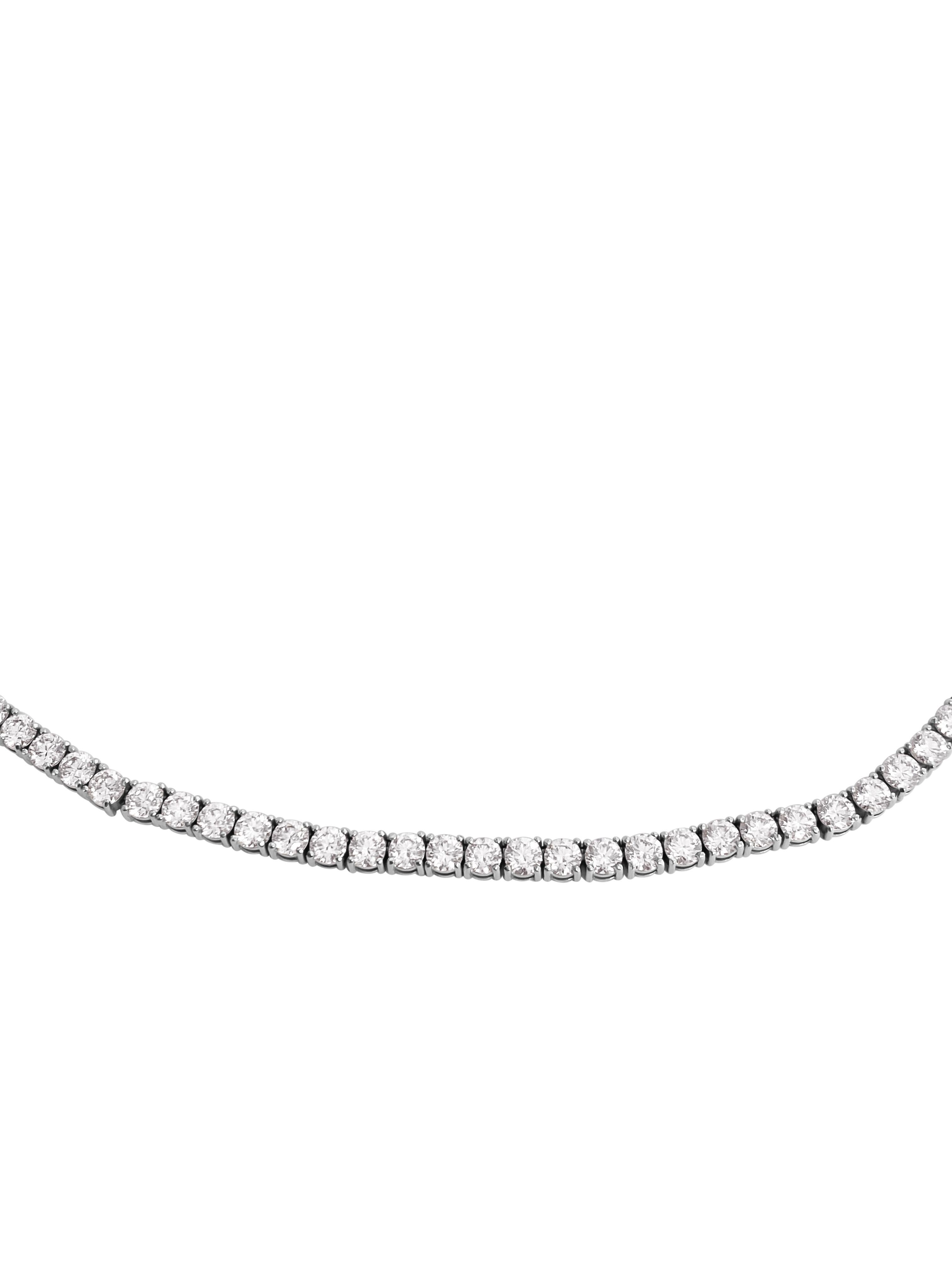 Modern Unisex 28.50 Carat VVS Diamond Tennis Necklace 14 Karat White Gold