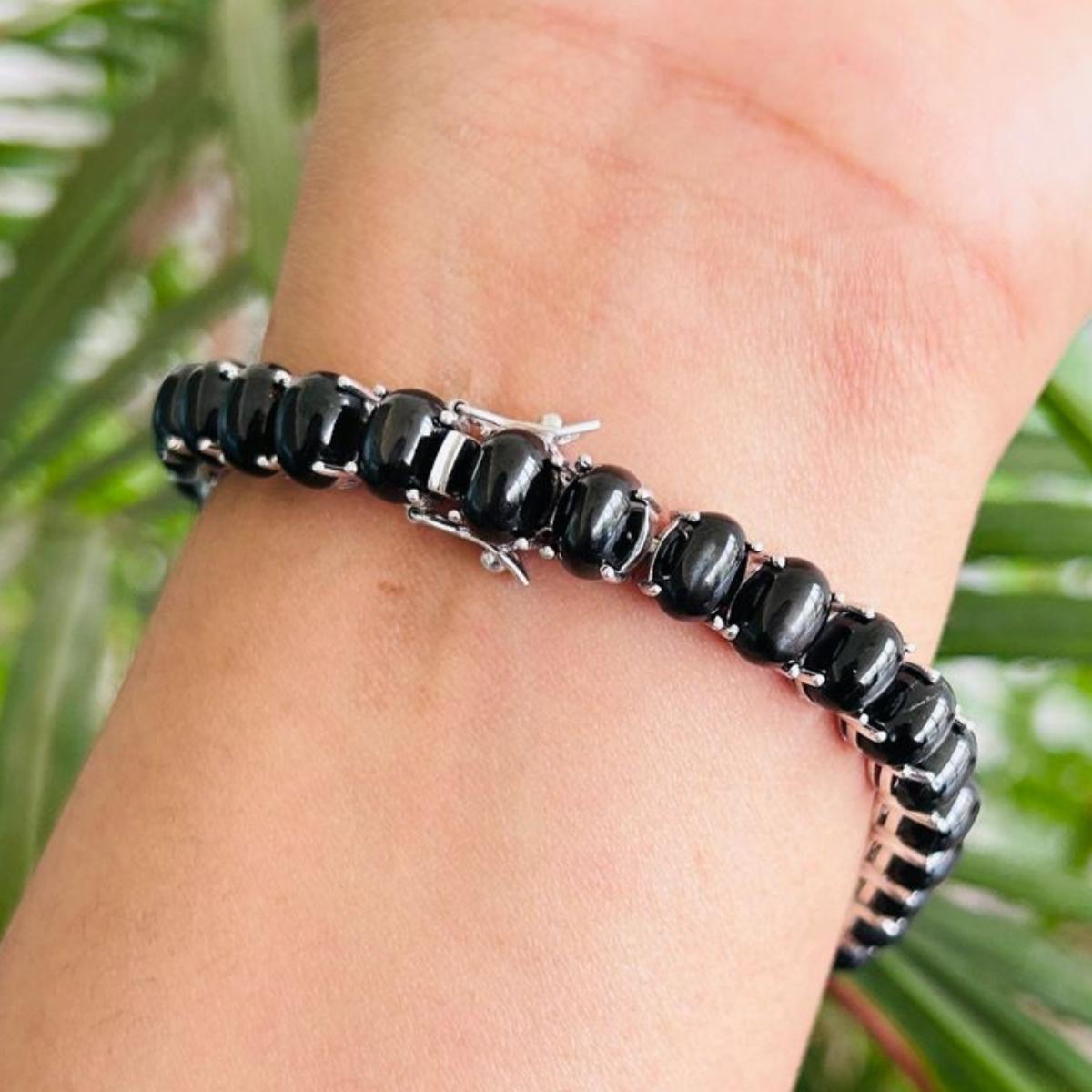 Juego unisex de pulsera de tenis con estrella negra de 63,1 quilates en engaste de plata de ley Corte oval en venta