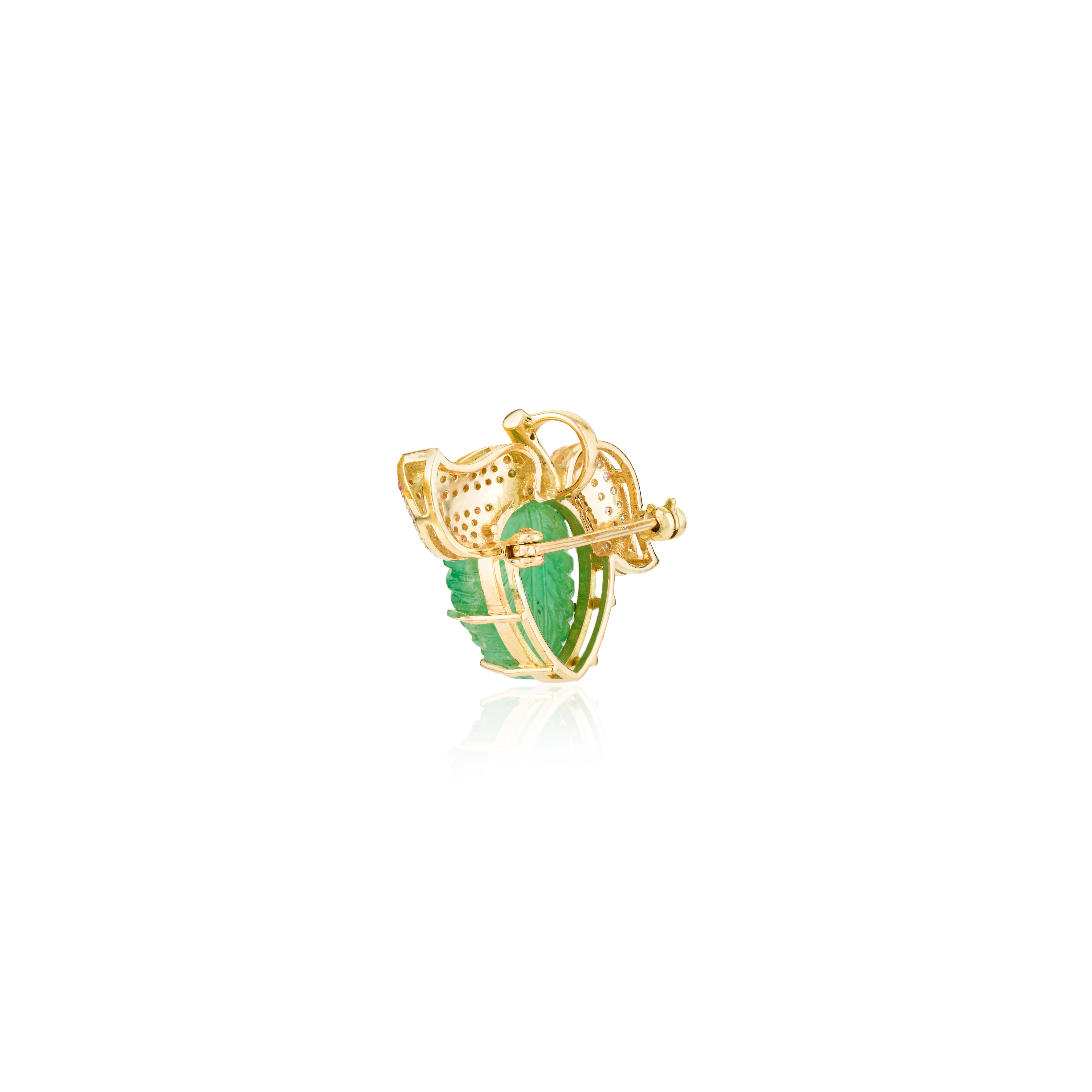 Women's Unisex 8.88 Carat Carved Emerald Diamond Leaf Brooch Pin Gift in 18k Yellow Gold For Sale