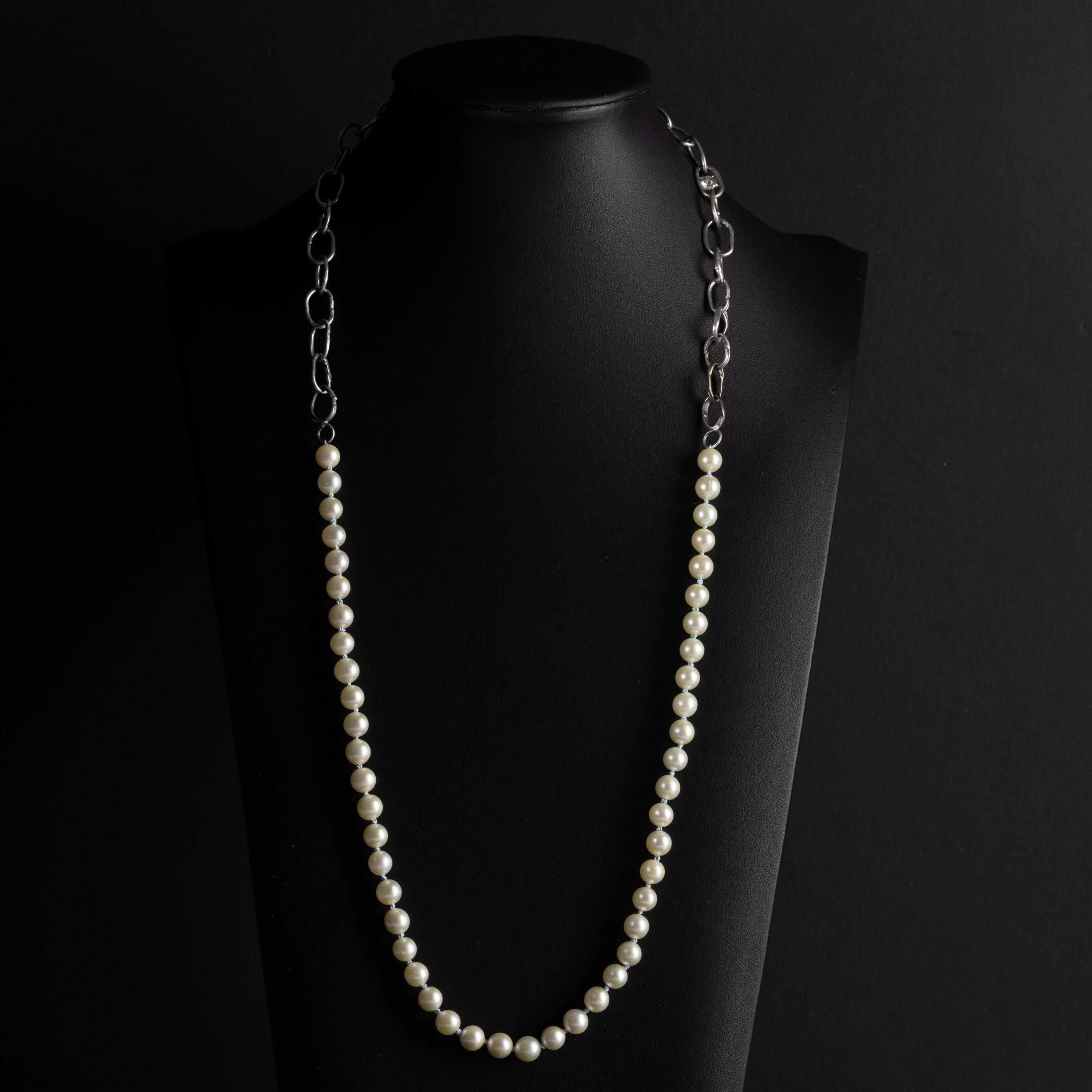 Unisex Akoya Pearl & Chain Necklace with Diamond New For Sale 1
