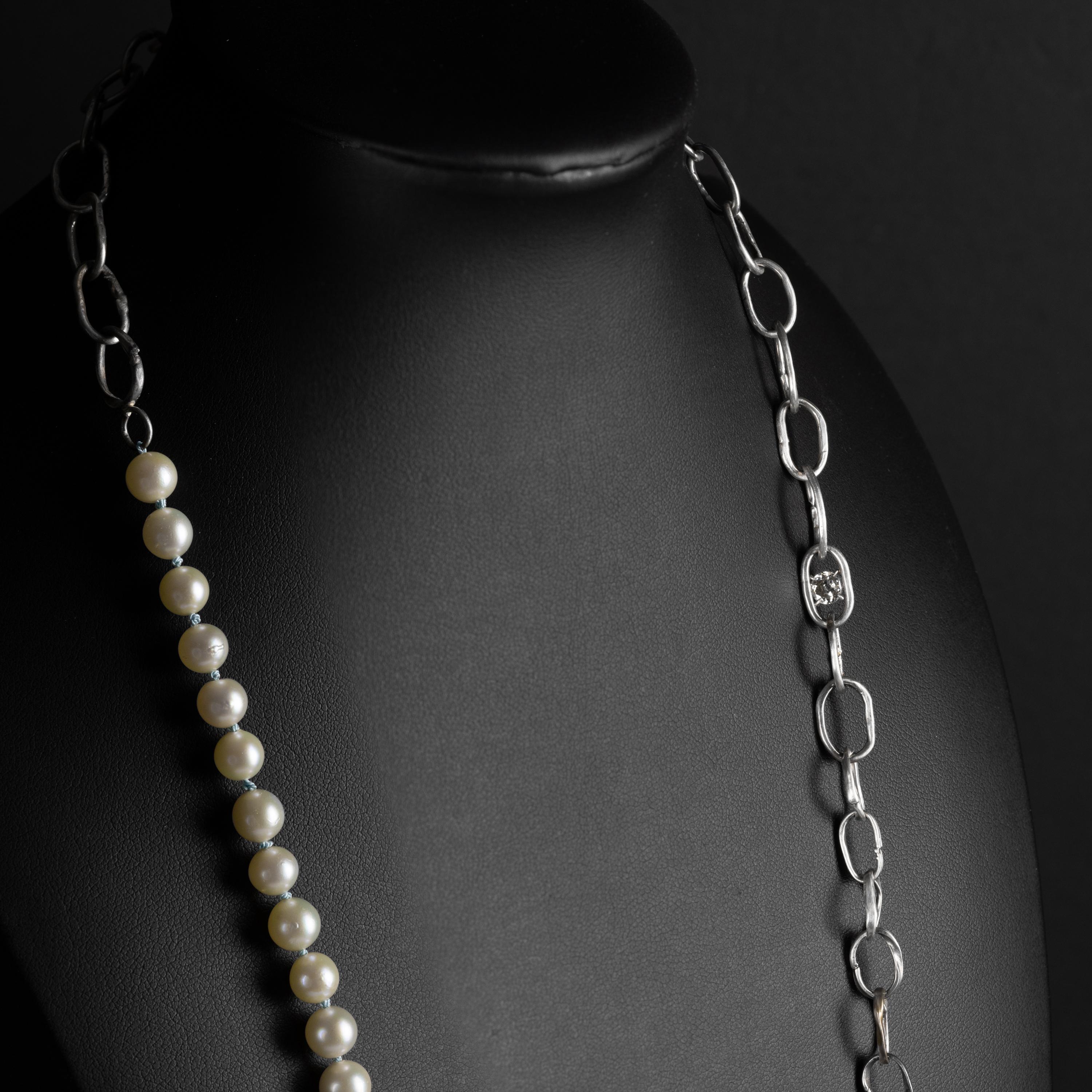 Unisex Akoya Pearl & Chain Necklace with Diamond New For Sale 1