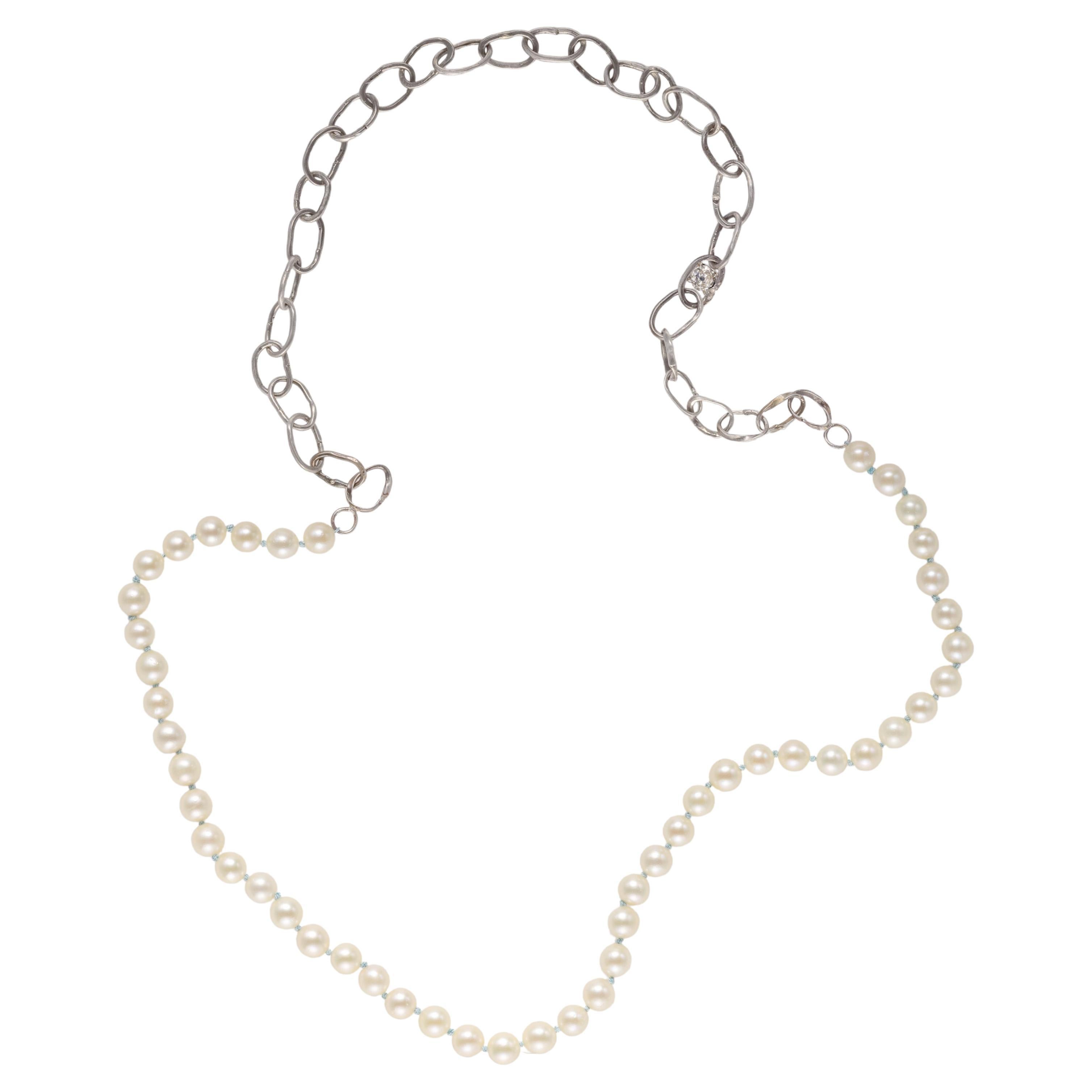 Unisex Akoya Pearl & Chain Necklace with Diamond New For Sale