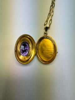 Unisex Antique-Style Gold Locket Amethyst Pendant Necklace, 20th Century