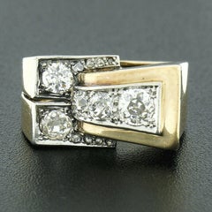 Unisex Antique Victorian 18k Gold & Platinum 1.24ctw Old Cut Diamond Buckle Ring