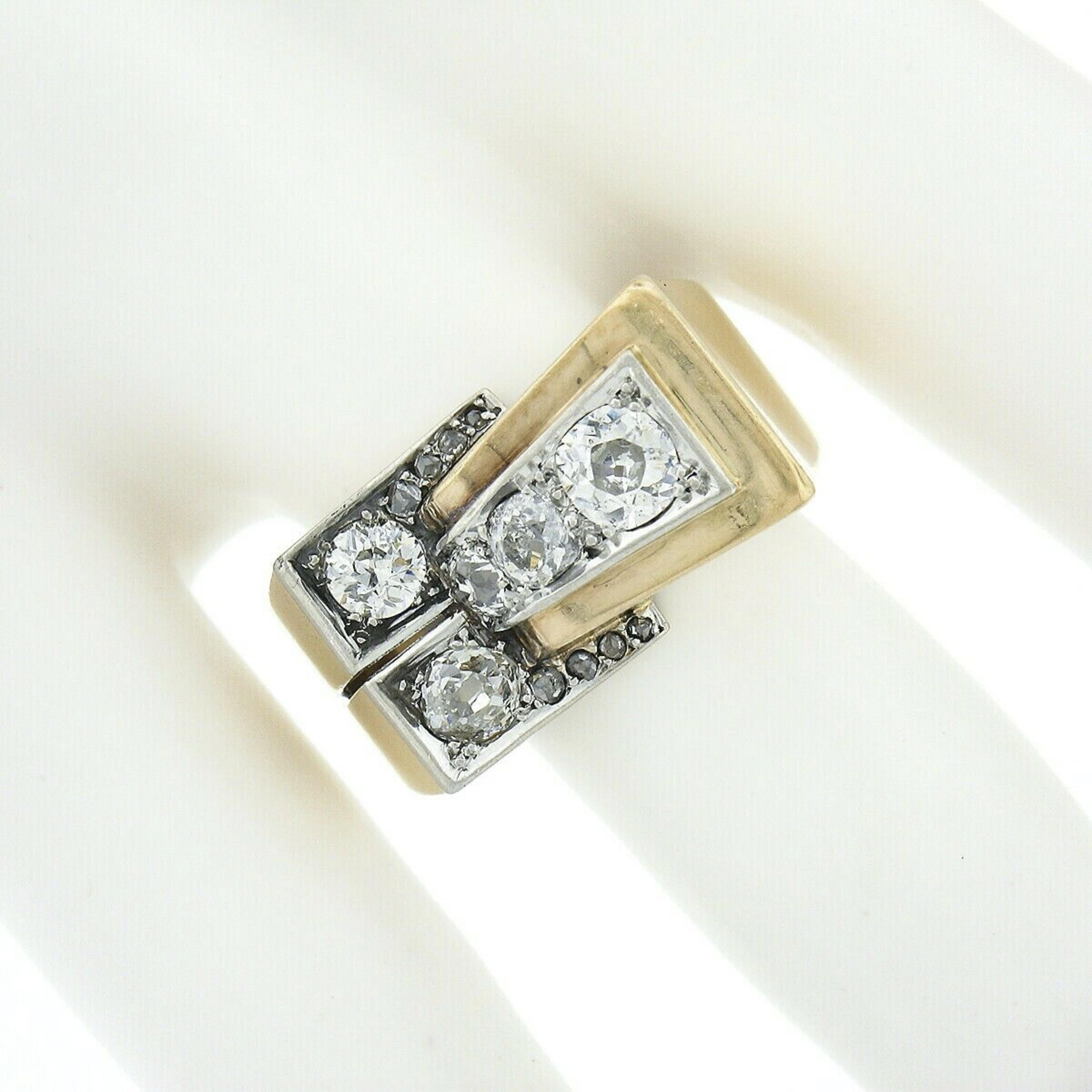 Early Victorian Unisex Antique Victorian 18k Gold & Platinum 1.24ctw Old Cut Diamond Buckle Ring For Sale