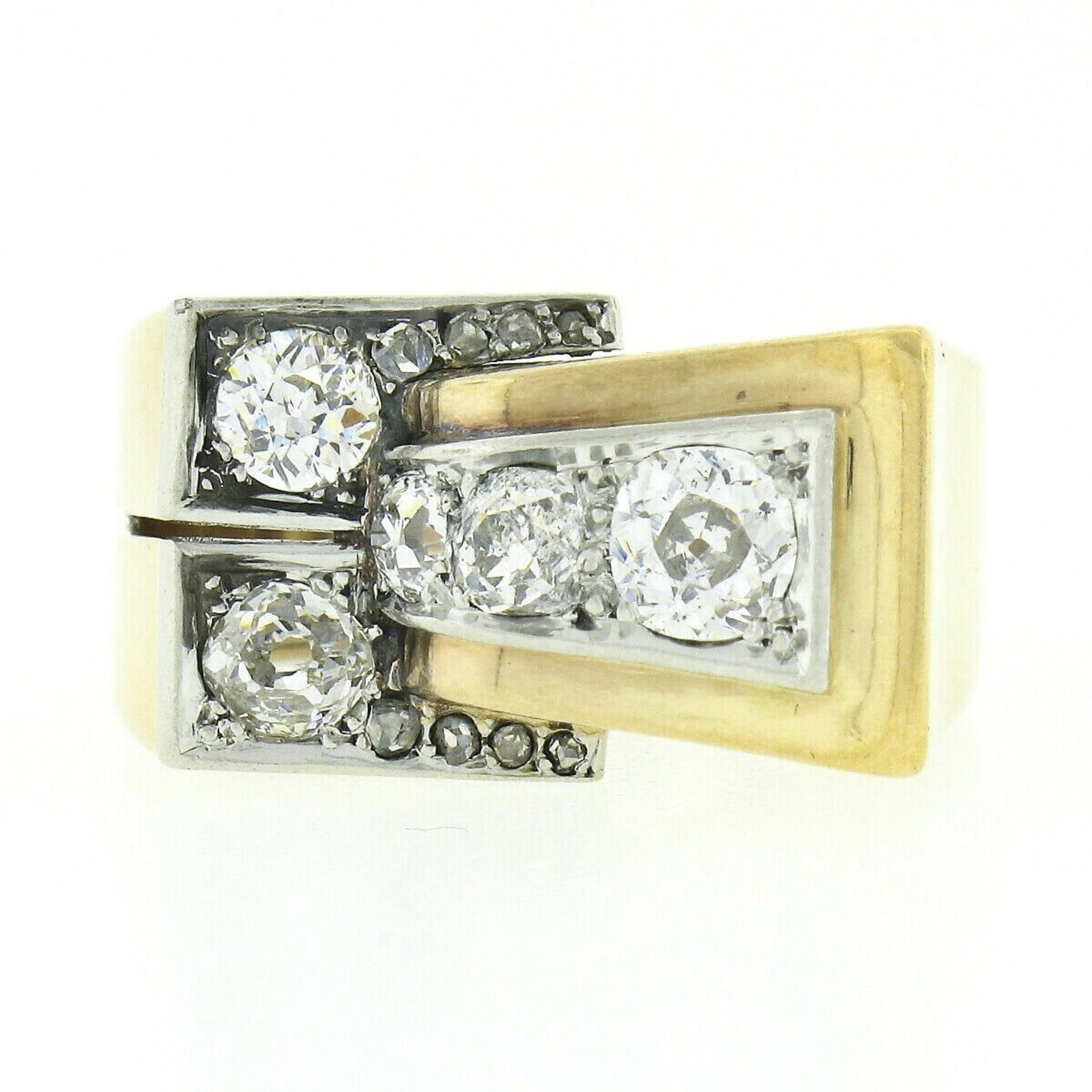 Old Mine Cut Unisex Antique Victorian 18k Gold & Platinum 1.24ctw Old Cut Diamond Buckle Ring For Sale