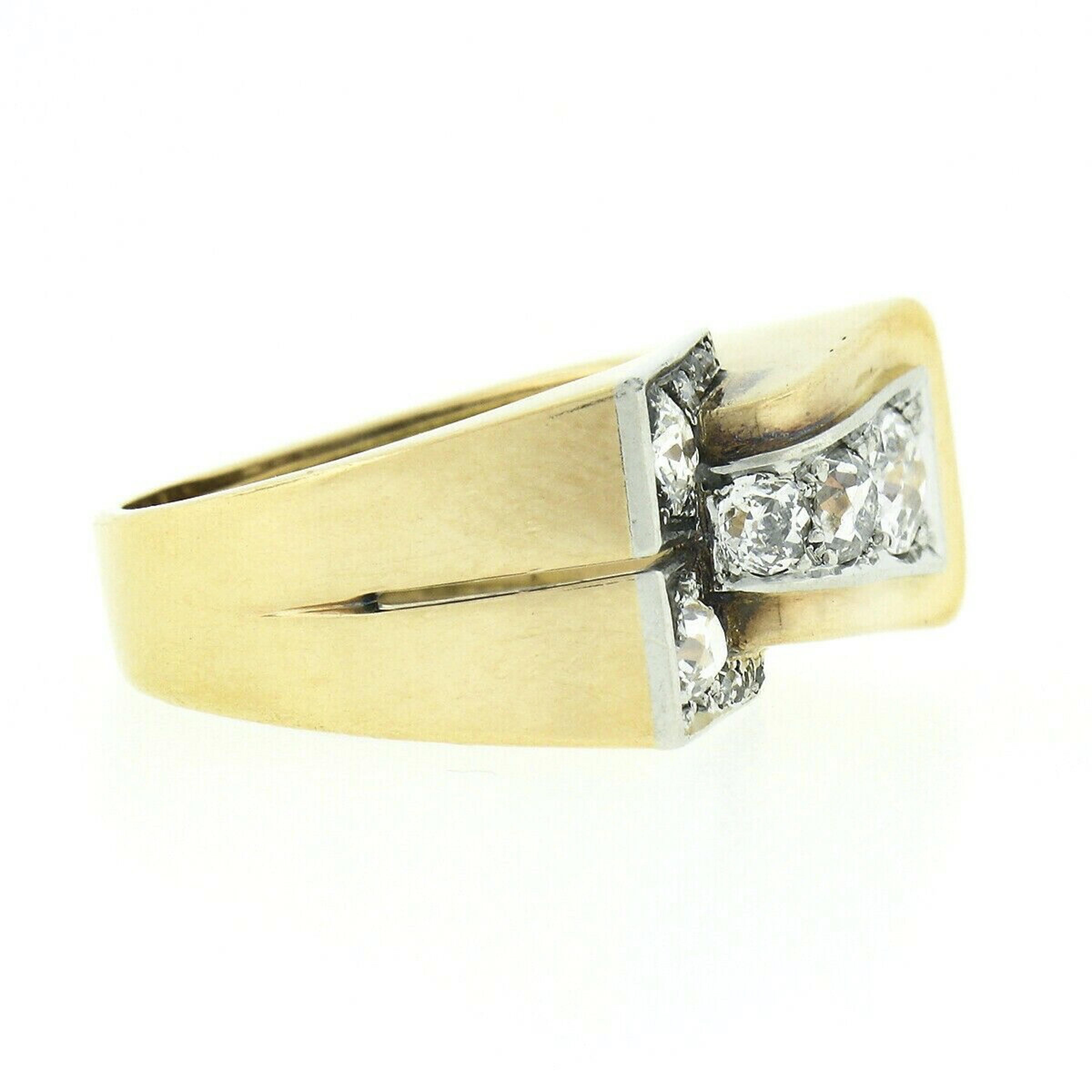 Unisex Antique Victorian 18k Gold & Platinum 1.24ctw Old Cut Diamond Buckle Ring In Good Condition For Sale In Montclair, NJ