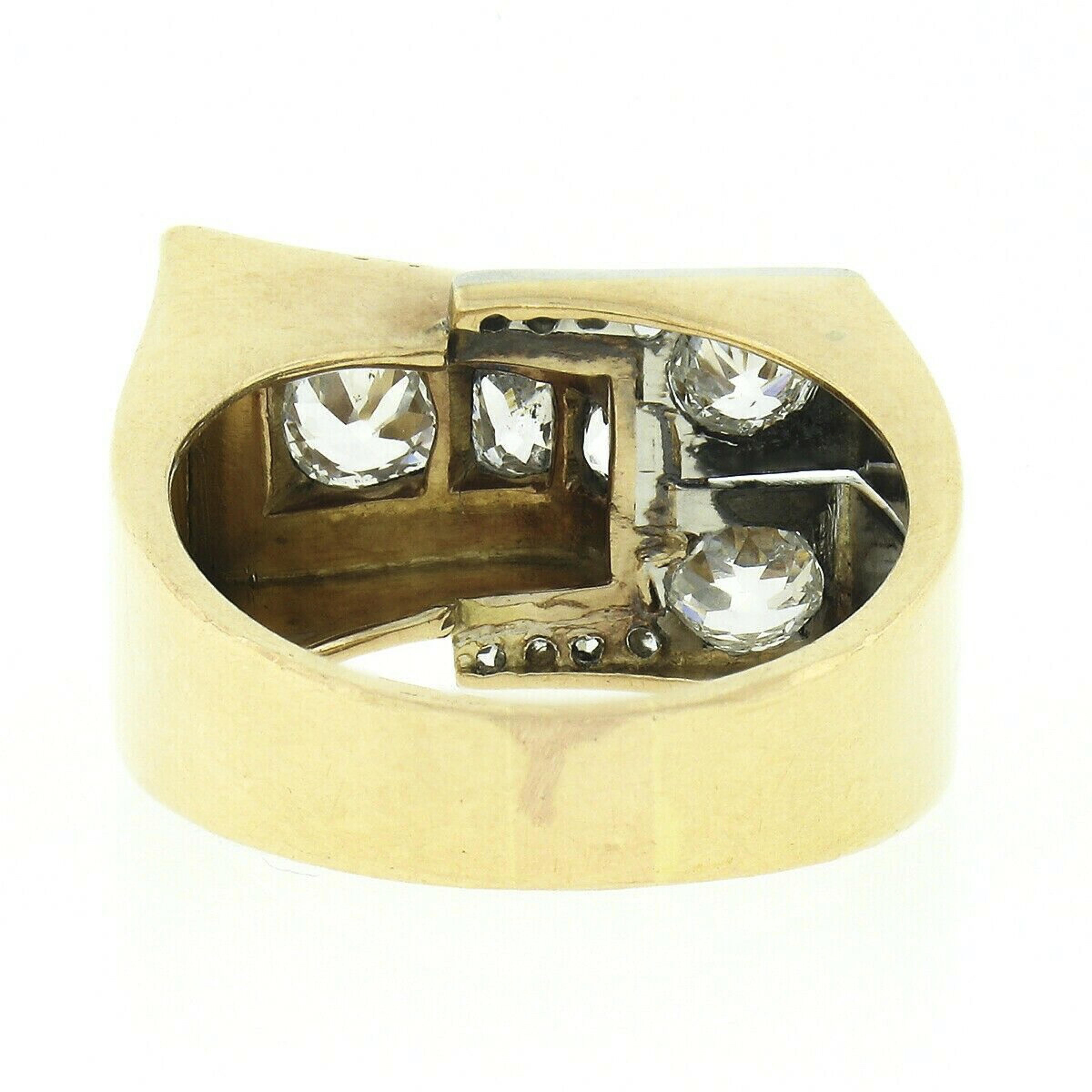 Unisex Antique Victorian 18k Gold & Platinum 1.24ctw Old Cut Diamond Buckle Ring For Sale 2