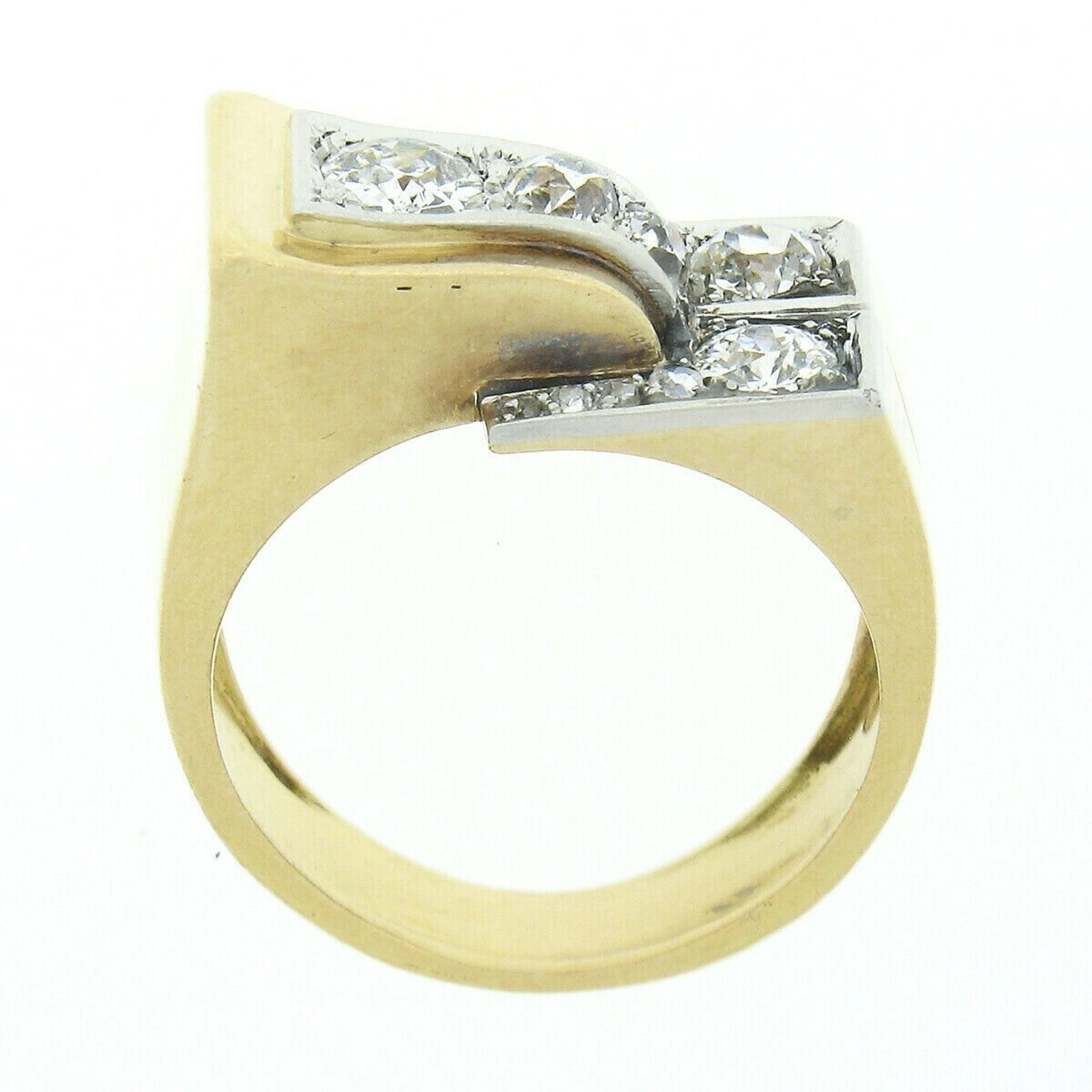 Unisex Antique Victorian 18k Gold & Platinum 1.24ctw Old Cut Diamond Buckle Ring For Sale 3