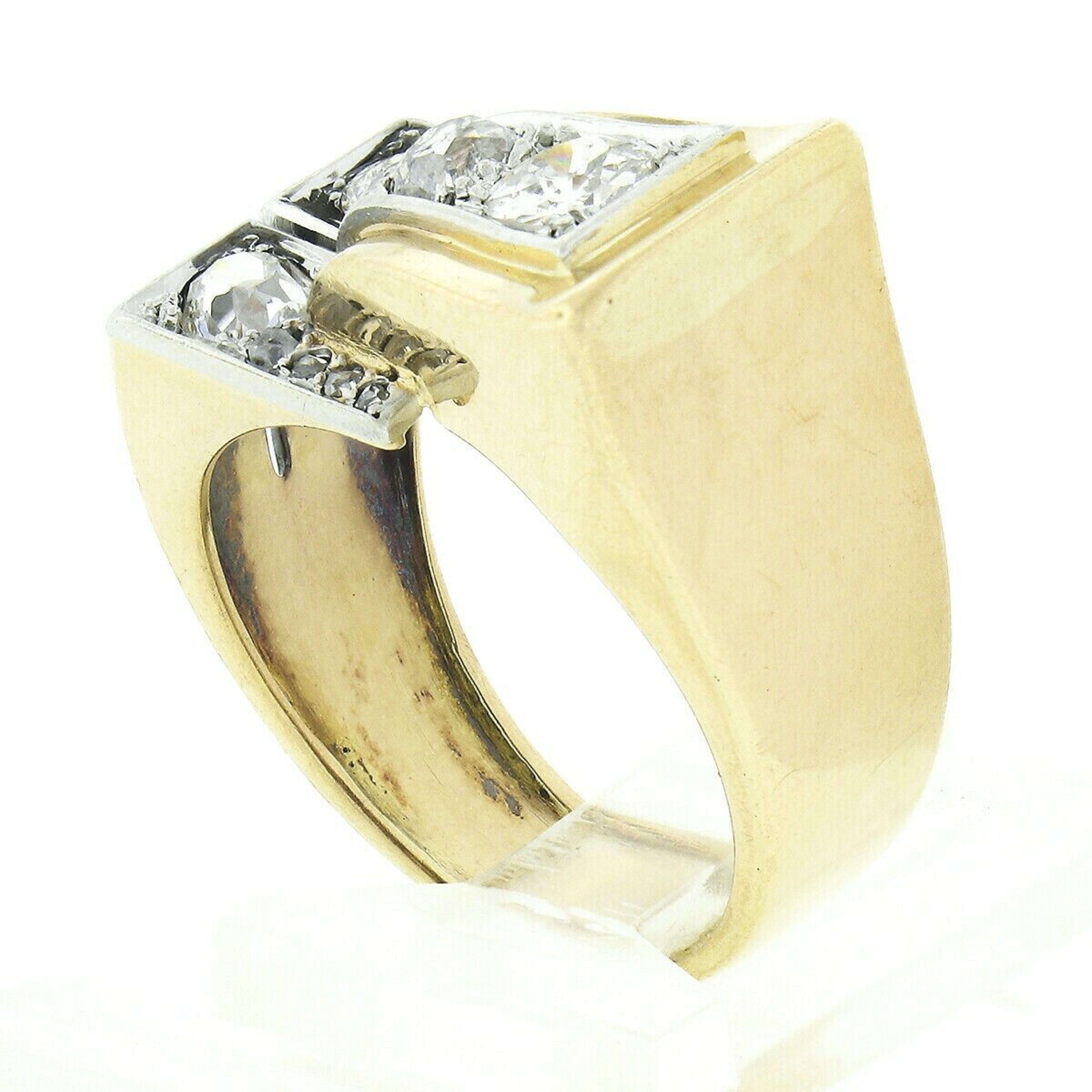 Unisex Antique Victorian 18k Gold & Platinum 1.24ctw Old Cut Diamond Buckle Ring For Sale 4