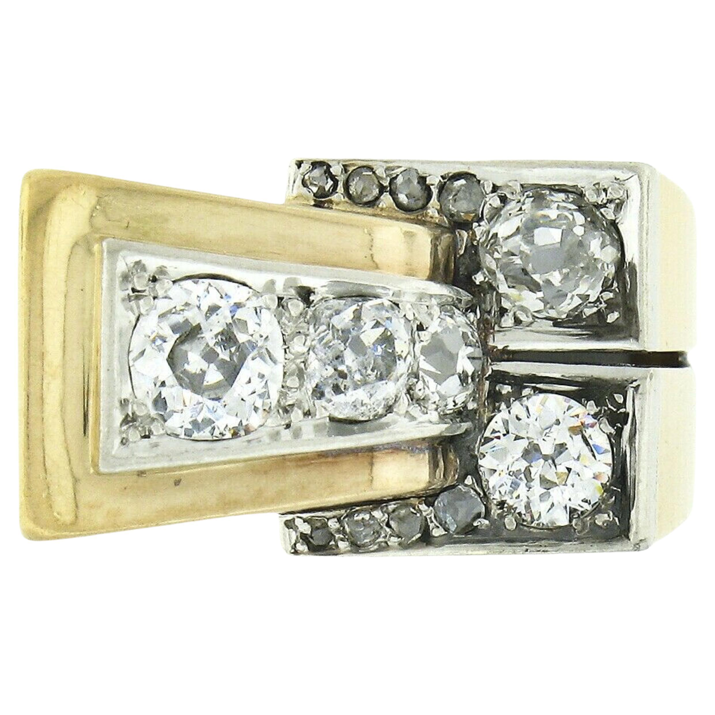 Unisex Antique Victorian 18k Gold & Platinum 1.24ctw Old Cut Diamond Buckle Ring