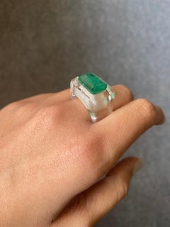 Unisex Art Deco 7.69 Carat Emerald and Rock Crystal Signet Engagement Ring