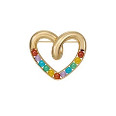 Unisex Beating Heart Brooch 18k Yellow Gold Set with Rainbow Coloured Gemstone