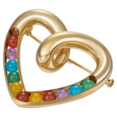 Unisex Beating Heart Brooch 18k Yellow Gold Set with Rainbow Coloured Gemstone