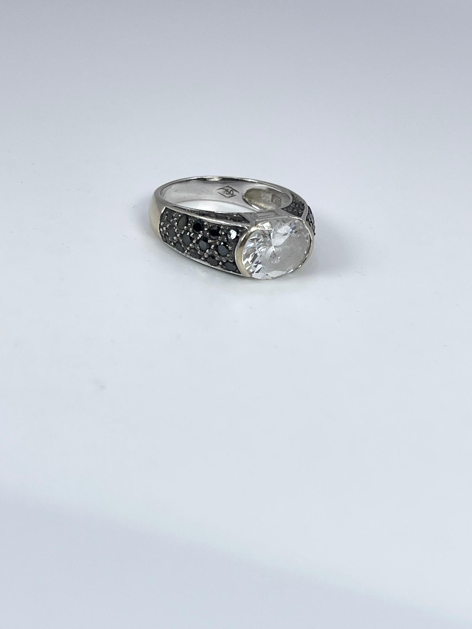Round Cut Unisex Black Diamond Ring 18KT White Gold Modern Style For Sale