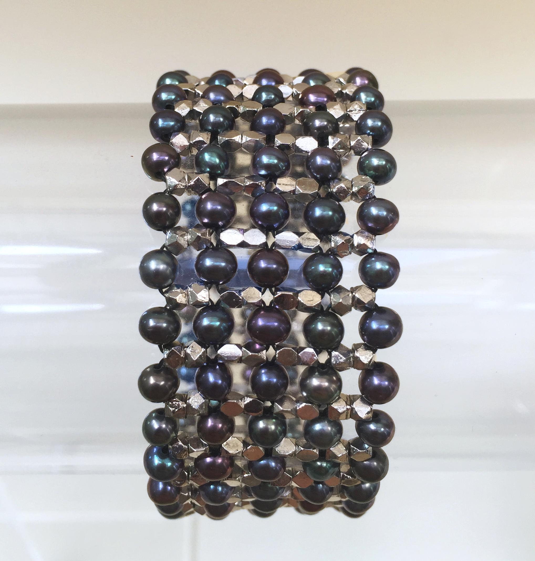 Marina J Unisex Black Pearl, Rhodium Plated Sterling Silver Beaded Cuff Bracelet 2