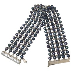Marina J Unisex Black Pearl, Rhodium Plated Sterling Silver Beaded Cuff Bracelet