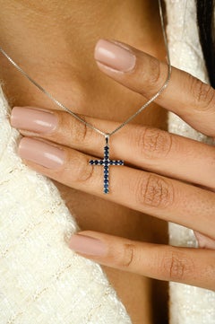 Unisex Blue Sapphire Cross Pendant Made in 14k White Gold Gift for Valentine
