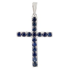 Unisex Blue Sapphire Cross Pendant Made in 14k White Gold Gift for Valentine