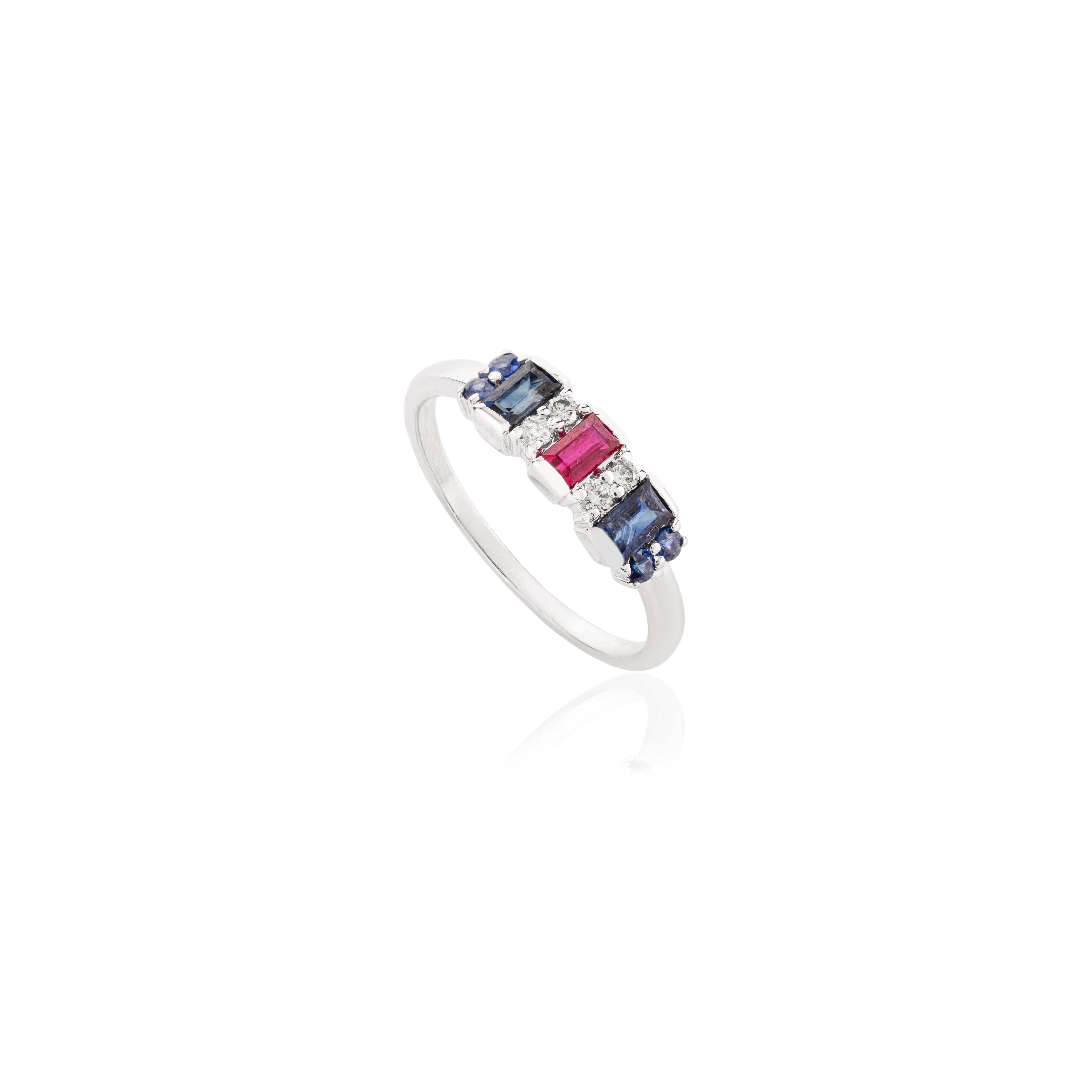 Im Angebot: Blauer Saphir Rubin und Diamant Hochzeit Band Ring Geschenk in 14k Solid White Gold () 5
