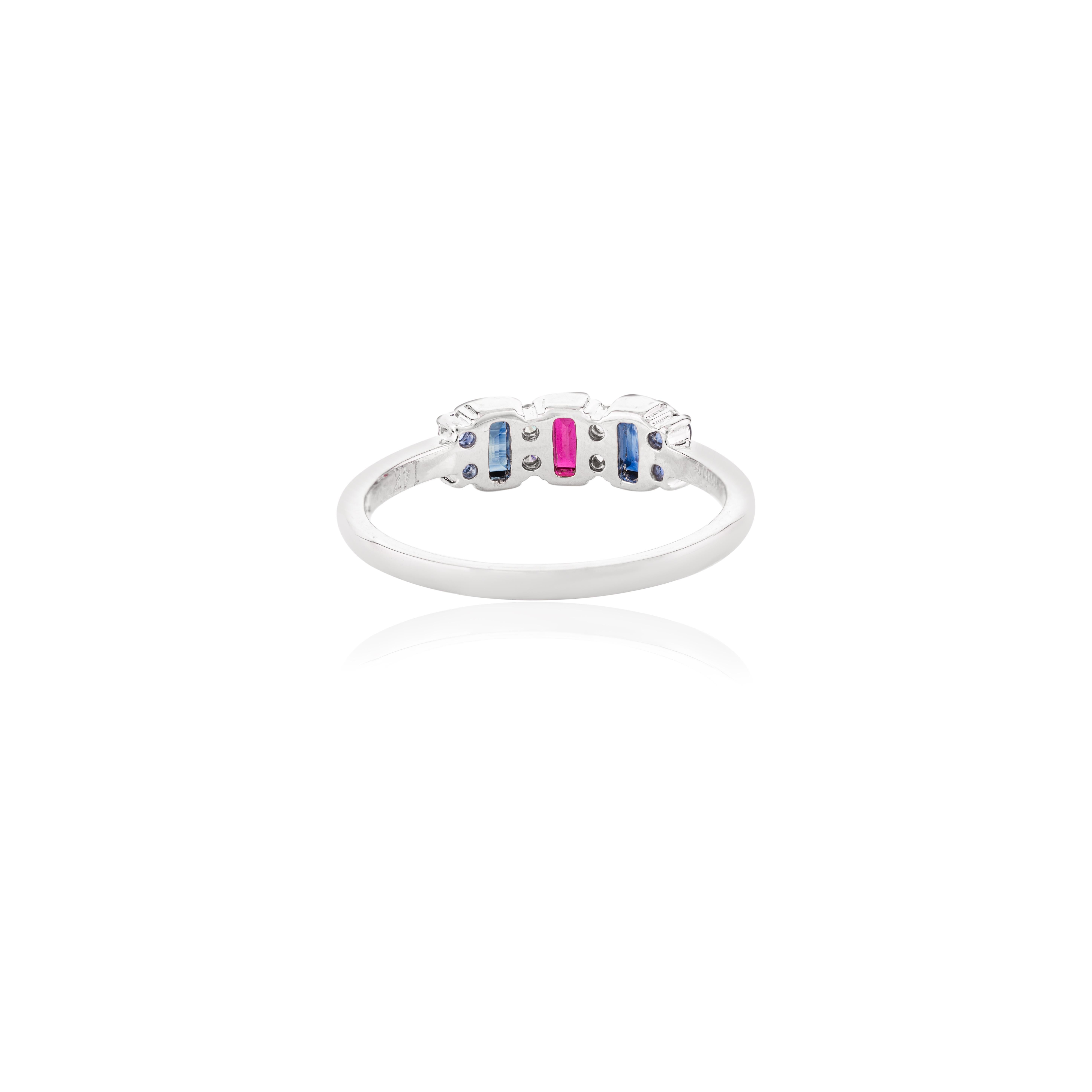 Im Angebot: Blauer Saphir Rubin und Diamant Hochzeit Band Ring Geschenk in 14k Solid White Gold () 7
