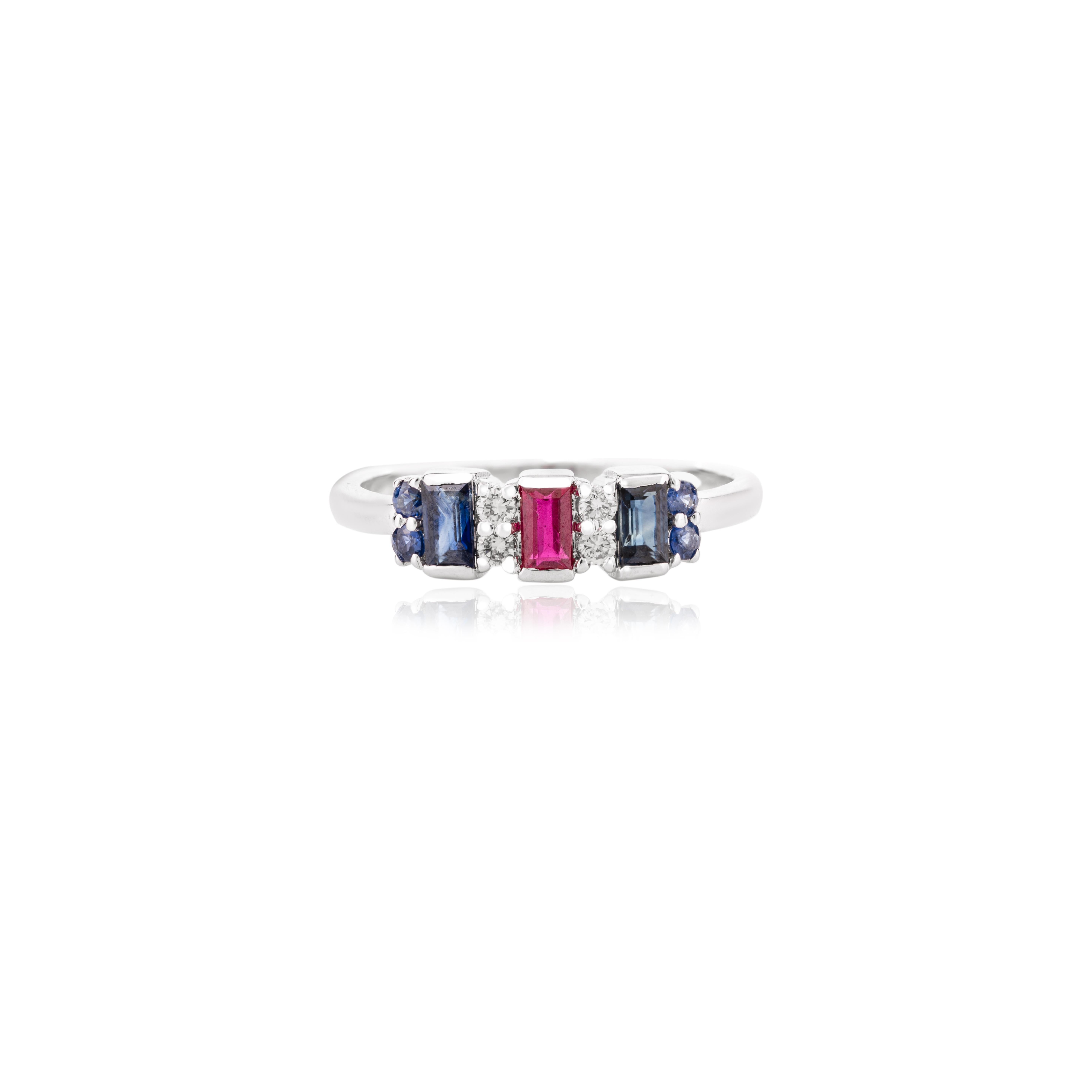 Im Angebot: Blauer Saphir Rubin und Diamant Hochzeit Band Ring Geschenk in 14k Solid White Gold () 9