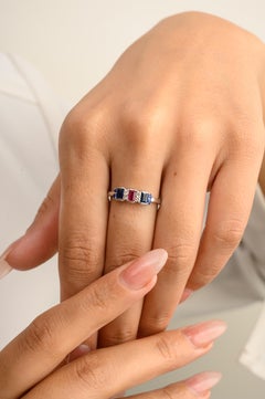 Anello con fedina di zaffiro blu, rubino e diamante, regalo in oro bianco massiccio 14k