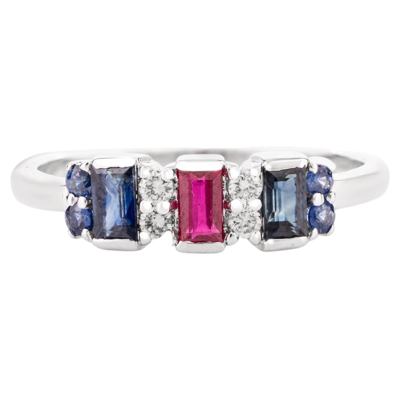 Blue Sapphire Ruby and Diamond Wedding Band Ring Gift in 14k Solid White Gold