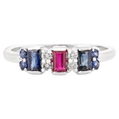 Blue Sapphire Ruby and Diamond Wedding Band Ring Gift in 14k Solid White Gold