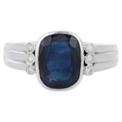 Unisex-Hochzeitsring aus 18 Karat massivem Weißgold mit blauem Saphir und Diamanten