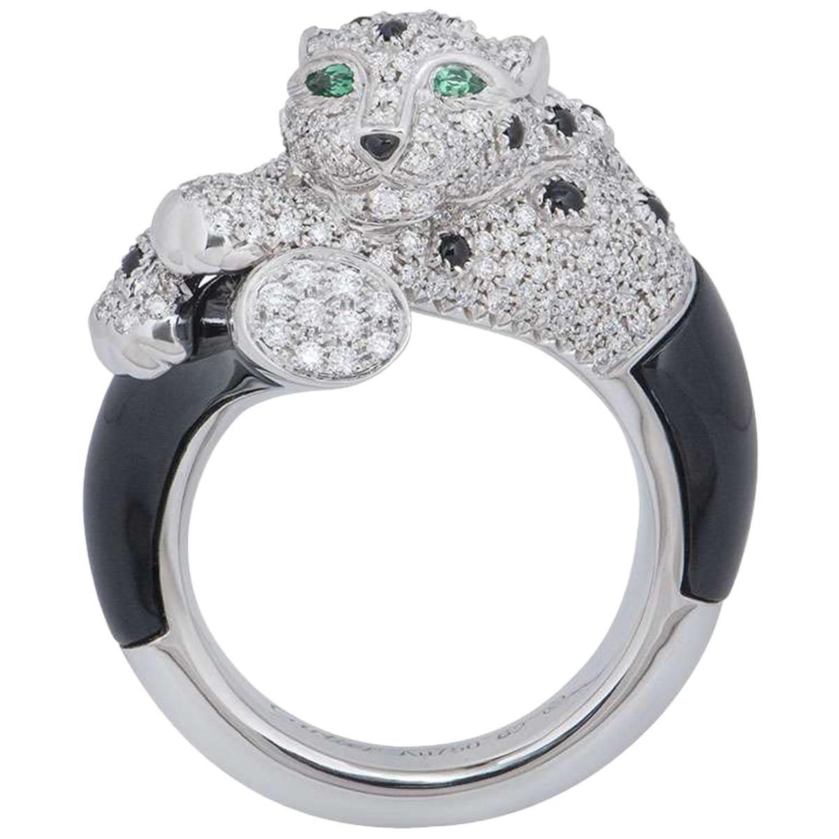 Unisex Cartier Diamond Onyx Emerald Eyes Panthere de Cartier Ring