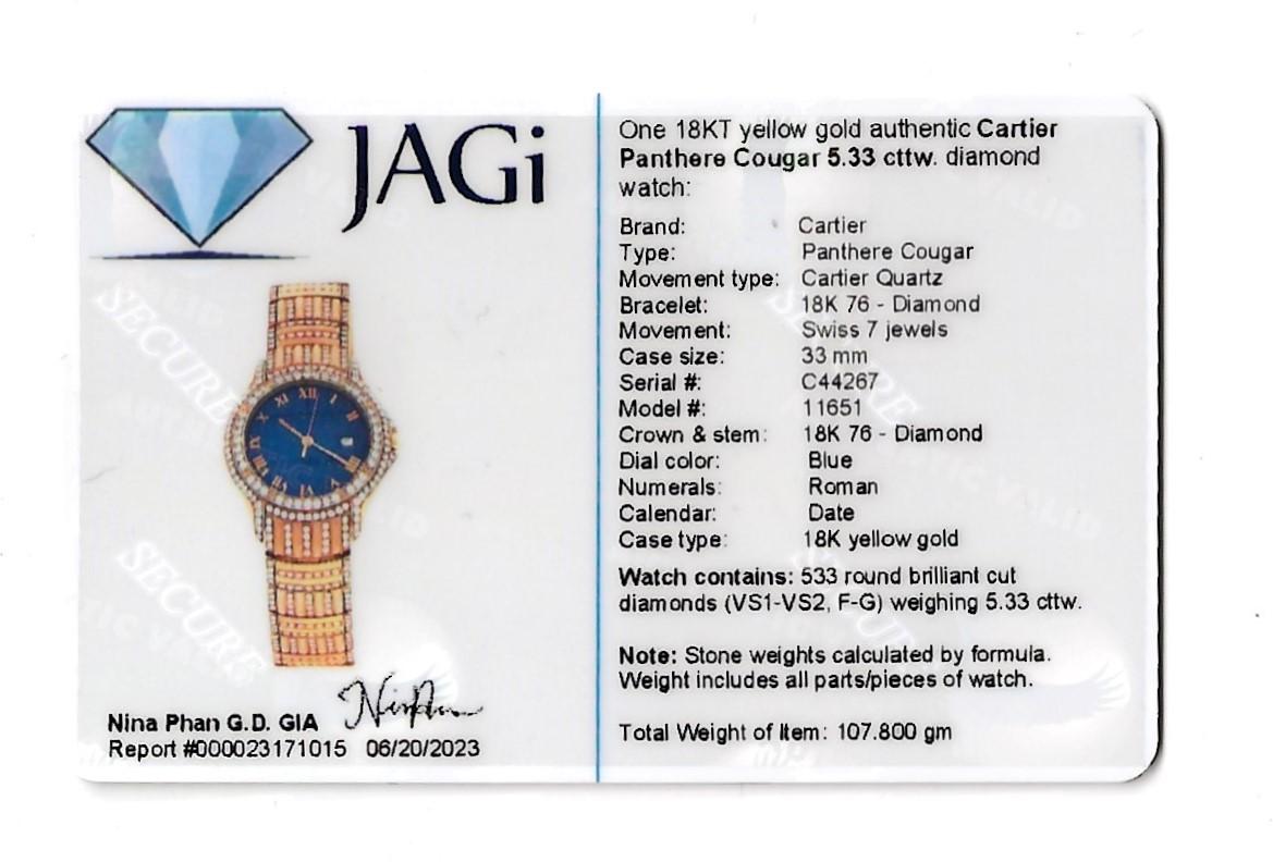 Unisex Cartier Panthere Cougar 18 Karat Yellow Gold Wrist Watch with Diamonds  In Good Condition For Sale In Scottsdale, AZ